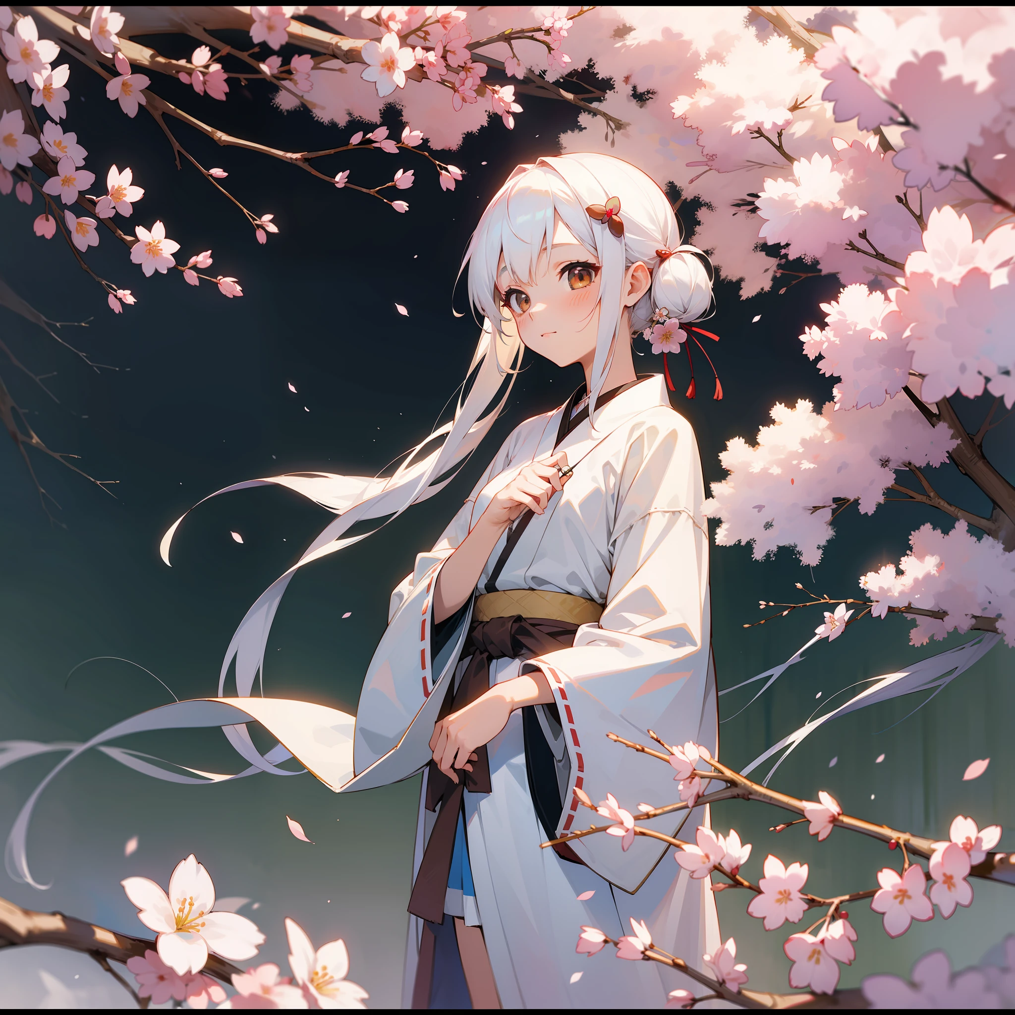 ((best qualtiy)), Beautiful portrait of a genki girl，Sweet girl，the cherry trees，exteriors，White hair，with brown eye，Japanese anime，White robe，Wear flower-shaped hairpins，There are flower-shaped ornaments around the waist，Face the Japanese，adolable，Anime figure，Fan in hand，detail-rich，White knee-length socks，Over-the-knee socks have a cherry blossom pattern