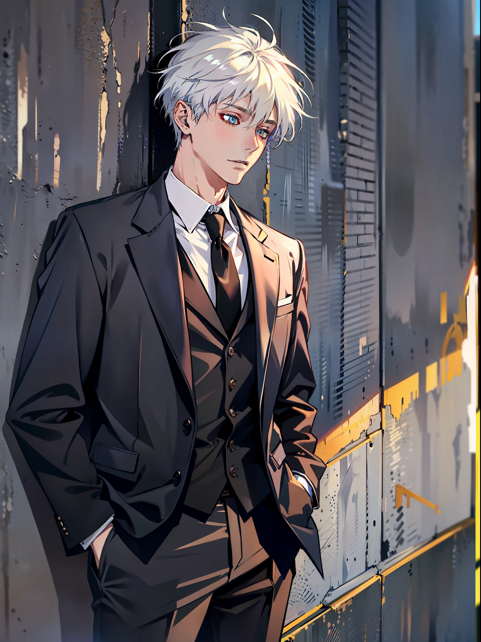 8K，high qulity，Fine face，full bodyesbian，mtu，with short white hair，Very handsome，In black suit，On campus，Put your hands in your pockets，Leaning against the wall