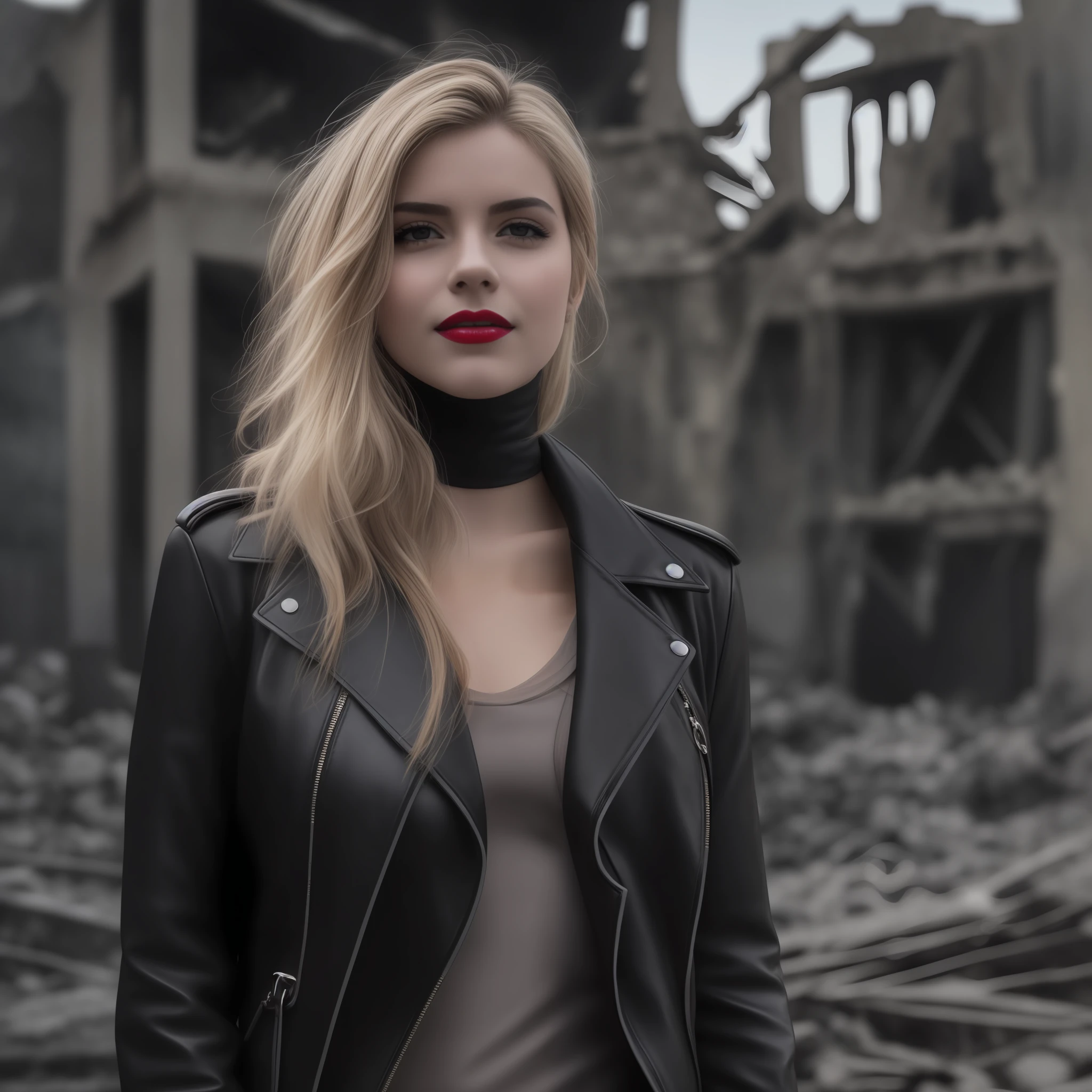 Blonde woman in black leather clothing posing in front of destroyed building, sem alunos, sorriso maligno, red lips, de lado, ReFlexo da lente, F/16, 135 mm, Nikon, Cinematic lighting, filmic grain, Fujicolor, gothic art, UHD, master part, pele texturizada, Super Detalhe, Premiado, best quality, 16k
