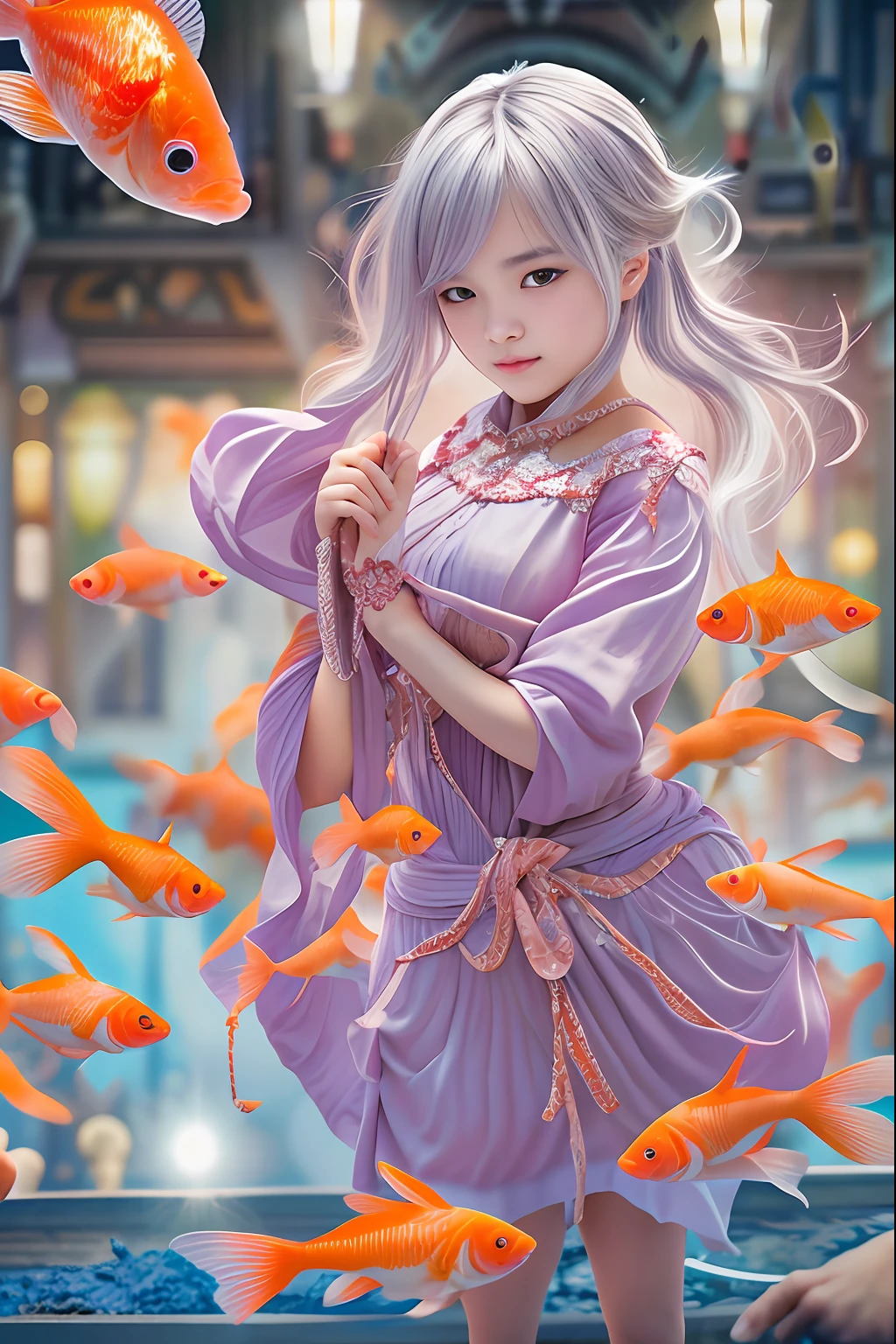 beautiful  Girl、Goldfish scooping, Bon dance、Open air at night shop, silver hair, split ponytail, star-shaped pupils, Conceptual art, Art Nouveau, glowing light, UHD, textured skin, masterpiece, anatomically correct, best quality, 8k