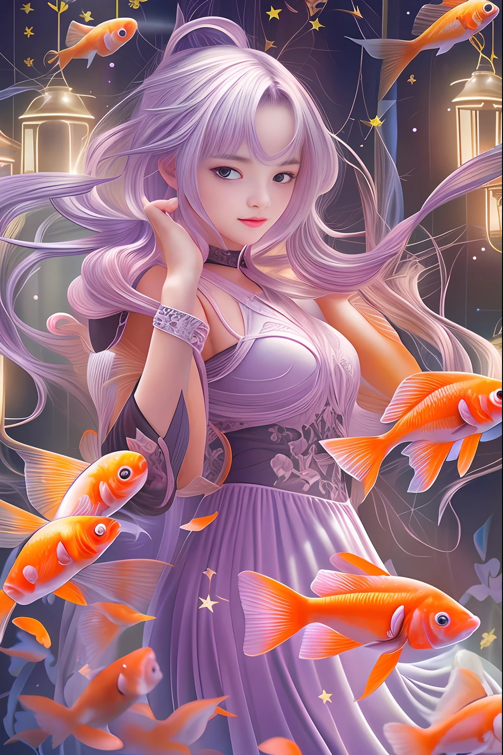 beautiful  Girl、Goldfish scooping, Bon dance、Open air at night shop, silver hair, split ponytail, star-shaped pupils, Conceptual art, Art Nouveau, glowing light, UHD, textured skin, masterpiece, anatomically correct, best quality, 8k