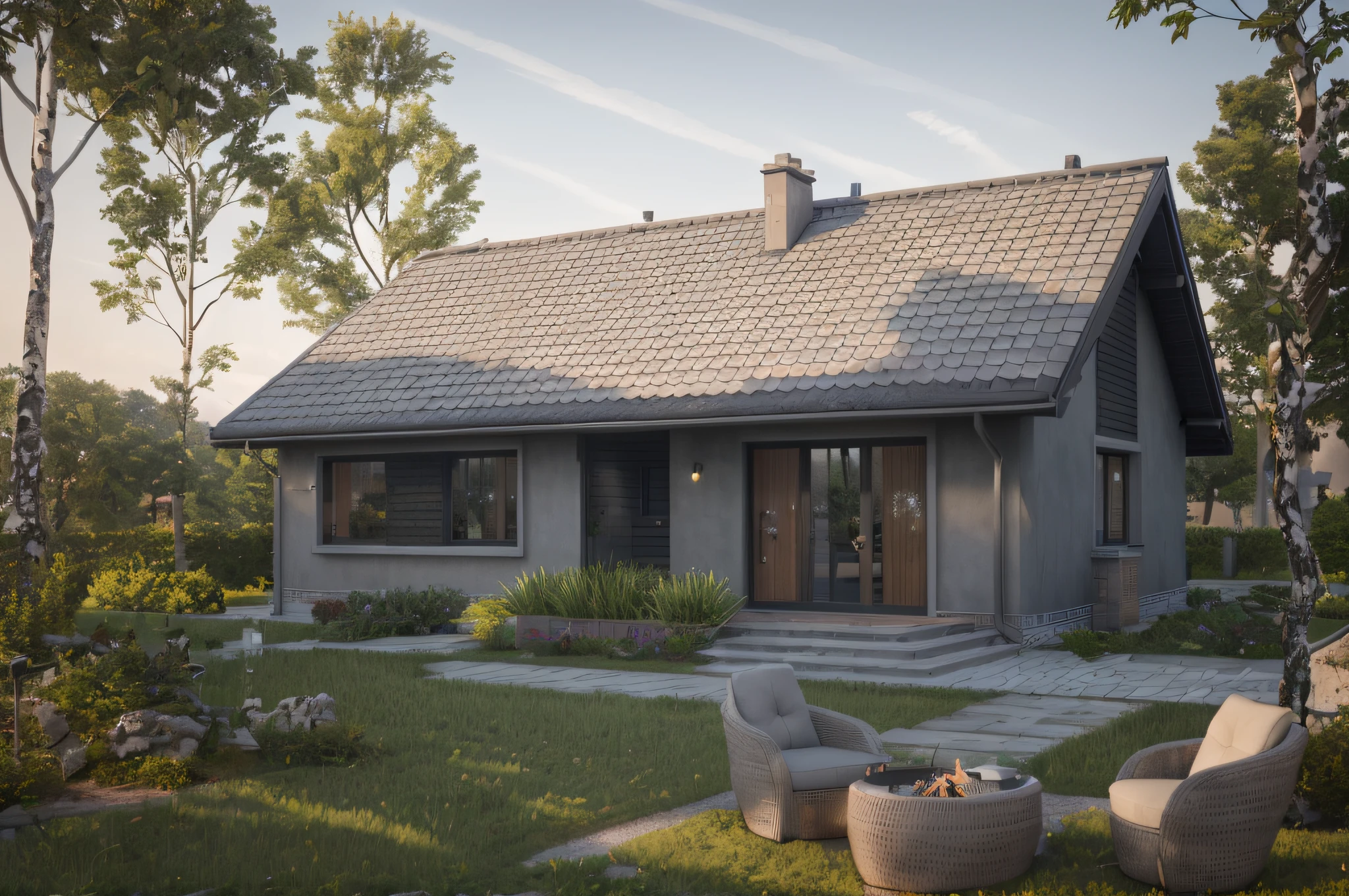 a rendering of a small house, with wall, grey roof tiles, with a patio and a fire pit, rendering, high quality rendering, vanara, inspired by Edo Murtić, very symmetrical, wide establishing shot, artistic render, photo taken from far away, render, bogna gawrońska, wide frontal view, beautifully symmetrical, close view, sleek utopian design, beautiful rendering, Vray 16k pixcels, ultradetailed, octane render, Raytracing, real grass, real plants, real trees, unreal engine, sunrise HDRi, Real sky