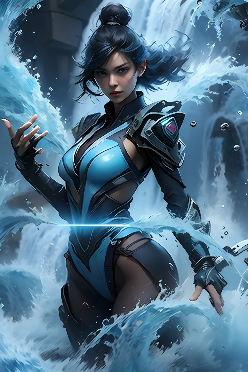 Spectacular and gorgeous waterfalls，Girl wearing mecha with blue light effects，Energy balls in your hand，unreal engine rendered，ultraclear，复杂，extreme hight detail，Hair color random，Hairstyle Random，8K，SENSE OF CINEMA