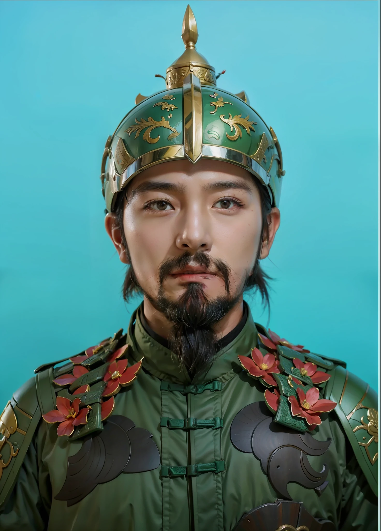 Generals in ancient China，The head is wearing a helmet，Green armor on the body，The scales are very dazzling，The beard of the Han Chinese，southerner，The face of a refined southerner。