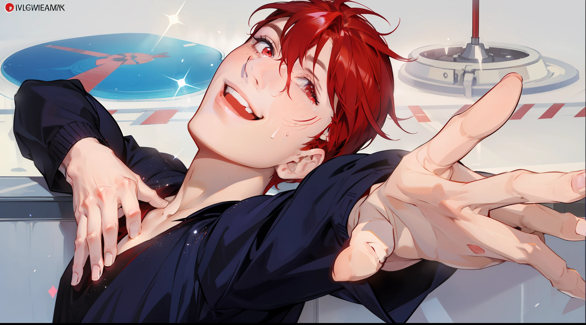 Handsome man, red hair. Red eyes, smiling, smiling, stiff on the rink, posing beautifully, behind the rink, glittering dress, sweating a little, happy, shining, reaching out your hand, posing beautifully.