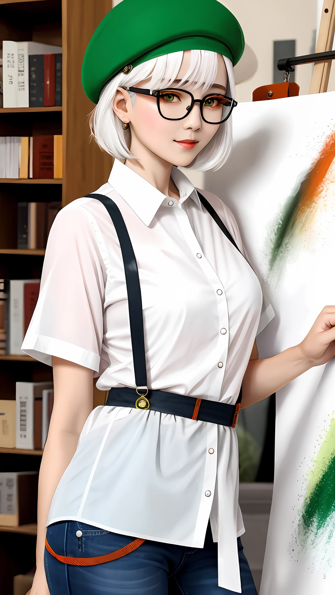 White hair。Orange berets。White color blouse,Check straps,Green eyes,flatchest,Transparency,soggy,round frame glasses。Art studio。Drawing board,pigment。