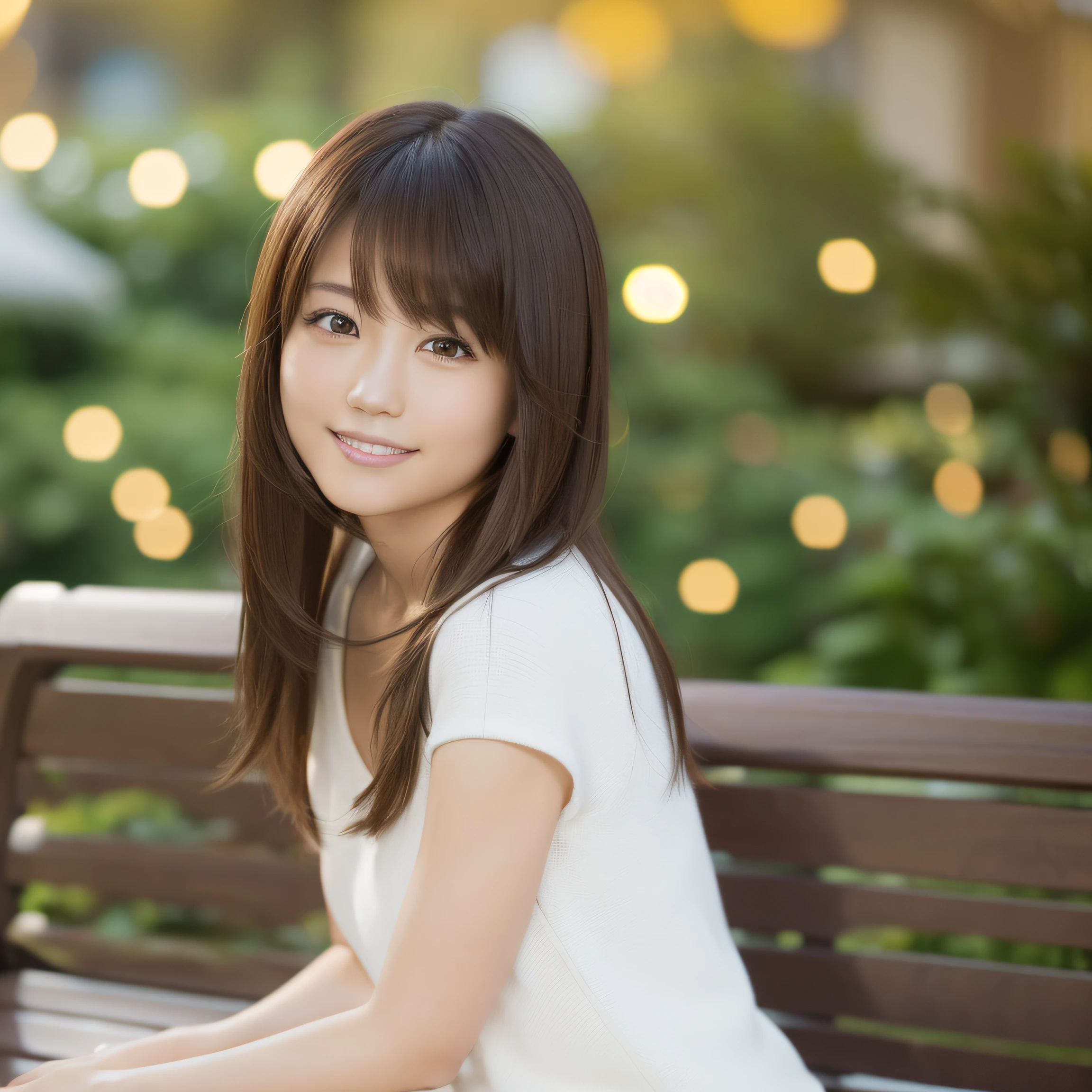 Best Quality, 超A high resolution, (Photorealistic:1.4), Raw photo, (upper thigh, From Side:0.7), (Bokeh:1.5), (sit on a bench), (in a suite:1.6),window, 1日本人の女の子, Cute, (Solo:1.6), (Shy smile), (Brown eyes), Smooth skin, (Brown medium hair,Bangs), (touch hair:1.4),nogizaka,a park