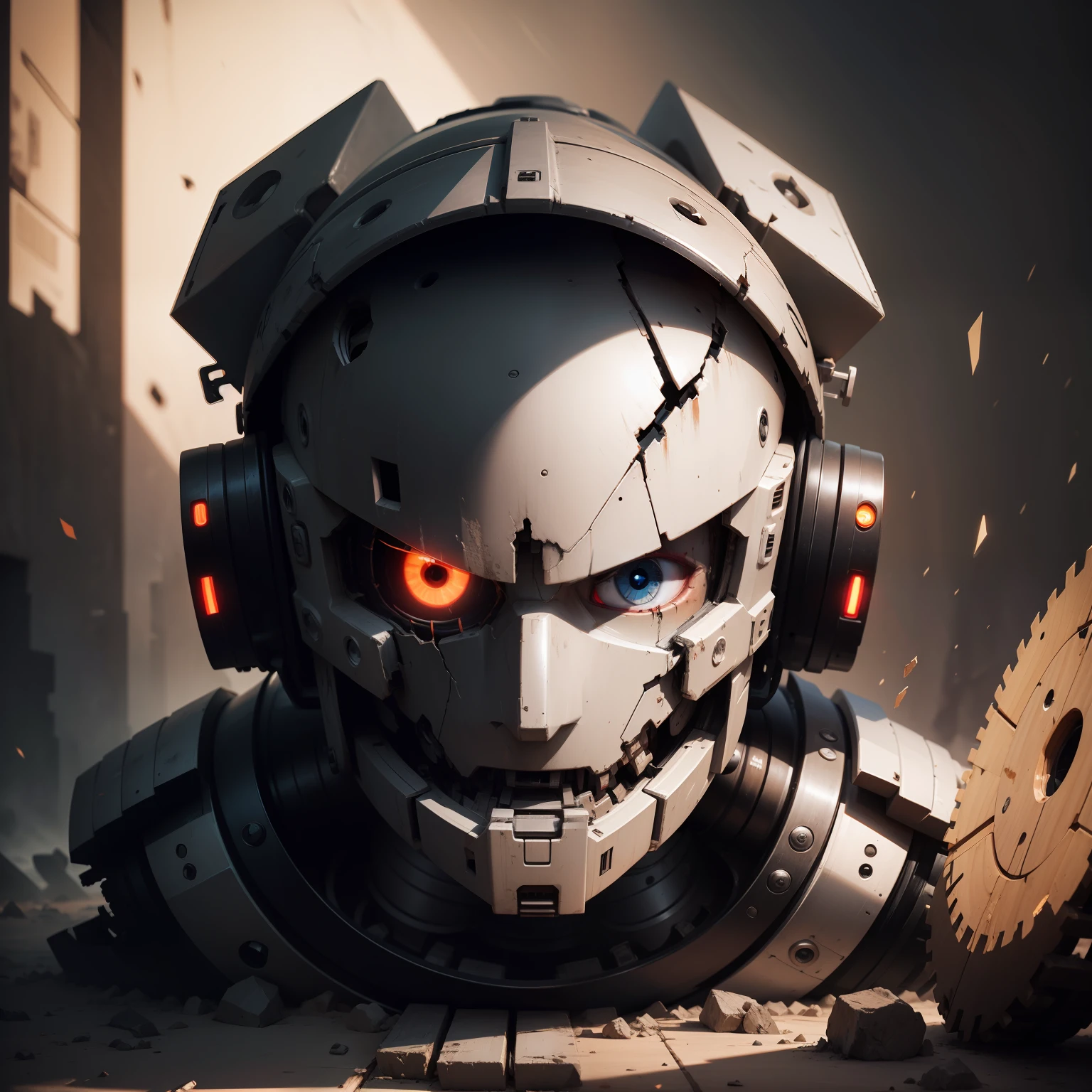 Robot machine with broken head and disconfigured eye! with an open mind