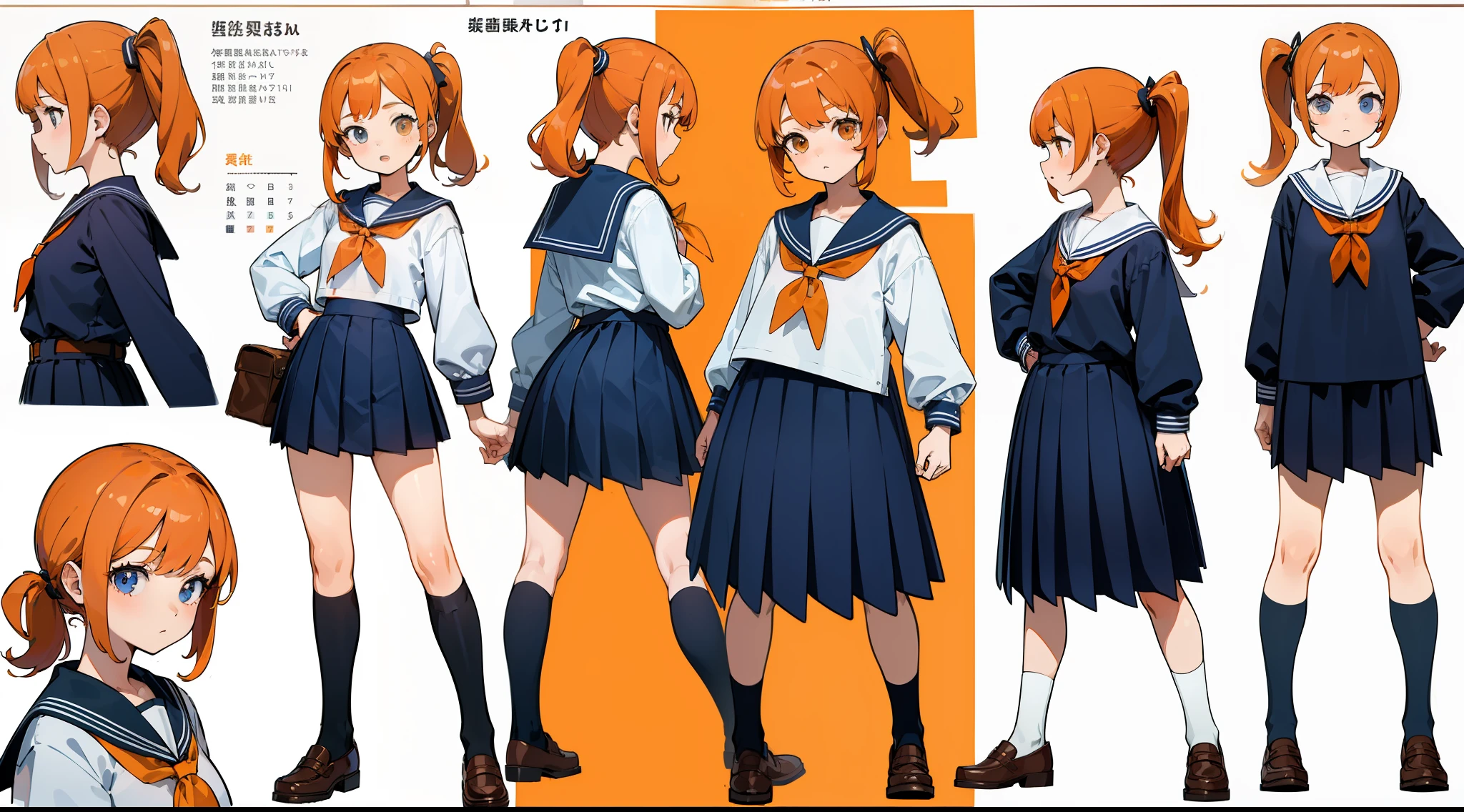 ((Masterpiece, highest quality)), detailed face, character sheet, Full body, full of details, multiple poses and expressions, highly detailed, depth, many parts, 1girl, loli, school uniform, seifuku, sailor uniform, long sleeves, orange hair, side ponytail, short, flat chest, wide hips, happy,