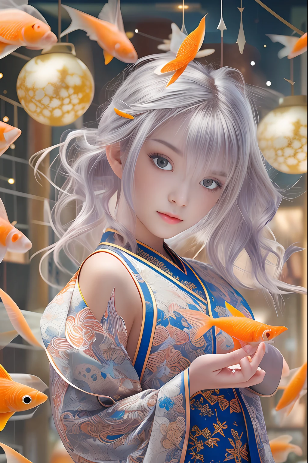 beautiful girl is scooping goldfish,japanese Bon dance、Open air at night shop, silver hair, split ponytail, star-shaped pupils, Conceptual art, Art Nouveau, glowing light, UHD, textured skin, masterpiece, anatomically correct, best quality, 8k