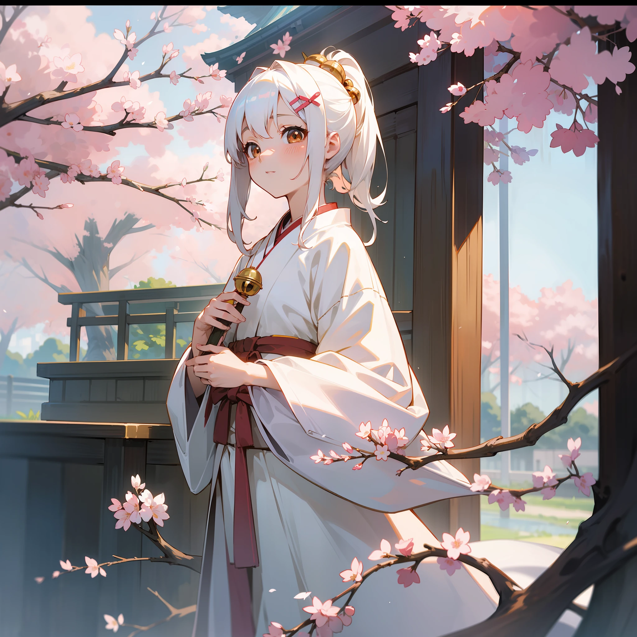((best qualtiy)), Beautiful portrait of a genki girl,Sweet girl,the cherry trees,exteriors,White hair,with brown eye,Japanese anime,White robe,Wear flower-shaped hairpins,There are flower-shaped ornaments around the waist,Face the Japanese,adolable,Anime figure,Bell in hand,detail-rich,Beth