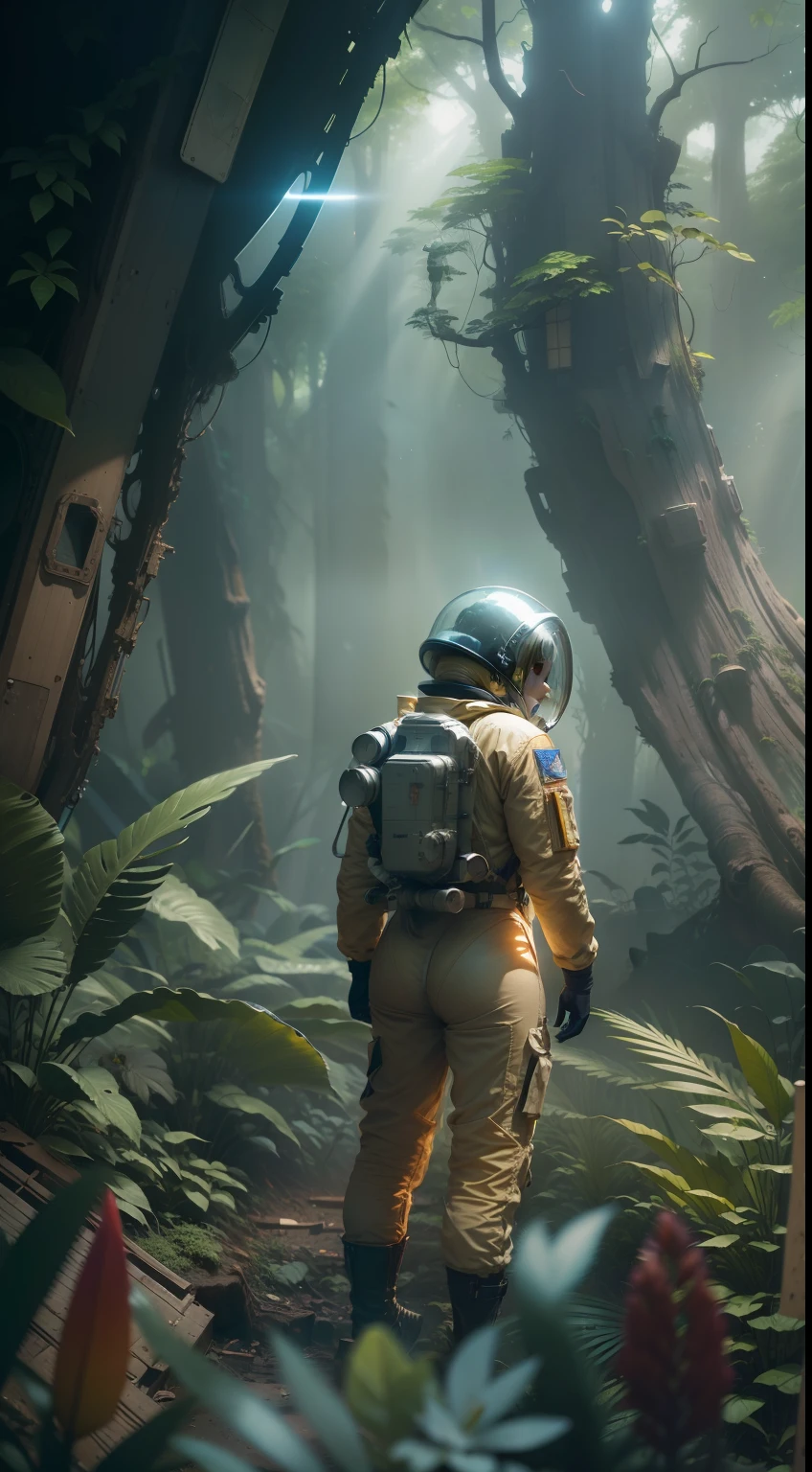 A wide-angle cinematic shot of a crashed futuristic spaceship in the middle of an alien rainforest, illuminated by rays of light filtered through a lush canopy of trees.
Inside the smoking damaged capsule cockpit, a female astronaut is seen through a large cracked window, her full body visible as she stands looking out in awe and curiosity. She wears a dusty white space suit with her helmet visor opened, revealing her face gazing with wonder at the alien beings approaching.
A group of tall green-skinned humanoid aliens emerge from the exotic glowing foliage, dressed in ornate robes with metallic accents. Their large luminous yellow eyes study the astronaut with wisdom and kindness. The leader extends his slender hand in a gesture of welcome and goodwill.
The scene is illuminated with volumetric rays of sunshine piercing through the mist, highlighting the angles and curves of the spacecraft wreckage. A shallow depth of field draws focus to the astronaut's expression of hope and uncertainty for her future among these benevolent descendants of humanity.
The vivid image has a retro-futuristic style, shot with an anamorphic lens for cinematic atmosphere. There is fine grain and pronounced film color grading for a visionary 1970s sci-fi movie poster aesthetic.