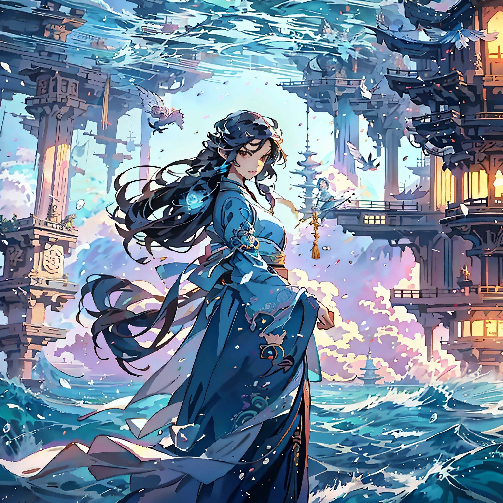 Anime girl in long dress standing on cliff overlooking the city, Makoto Shinkai Cyril Rolando, A beautiful artwork illustration, Anime girl walking on water, Palace，A girl in Hanfu, queen of the sea mu yanling, by Yang J, Alice X. zhang, Anime fantasy illustration, Artgerm and Atey Ghailan, By Li Song，Refine the background，Surrounded by water waves，wave