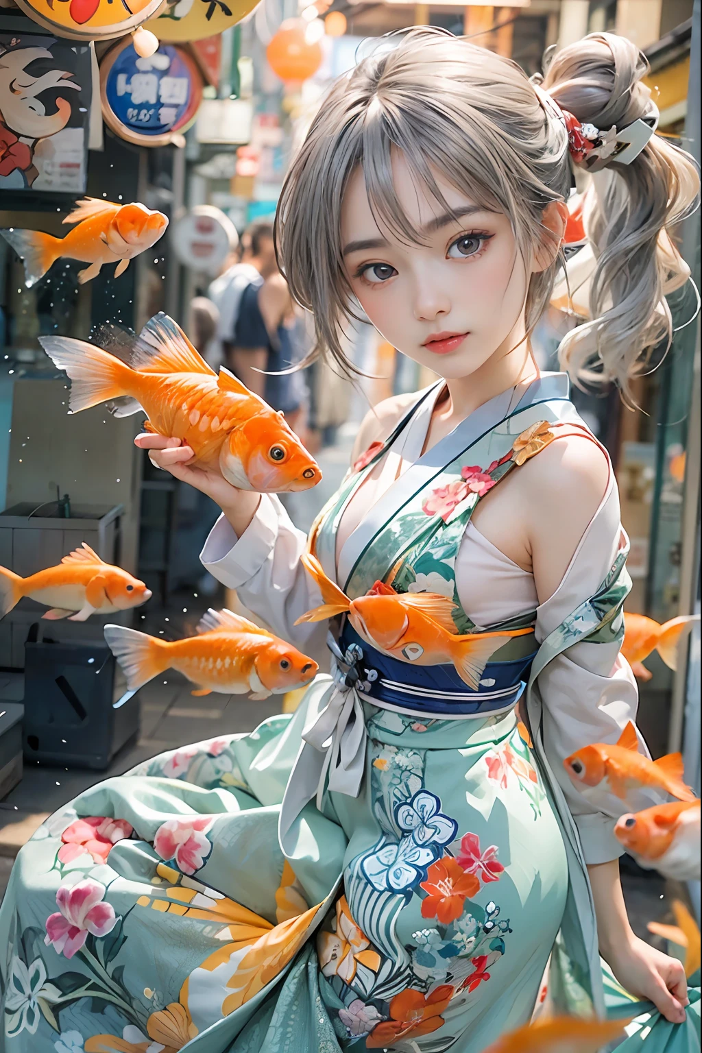 beautiful girl is scooping goldfish,japanese Bon dance、Open air at night shop, silver hair, split ponytail, star-shaped pupils, Conceptual art, Art Nouveau, glowing light, UHD, textured skin, masterpiece, anatomically correct, best quality, 8k