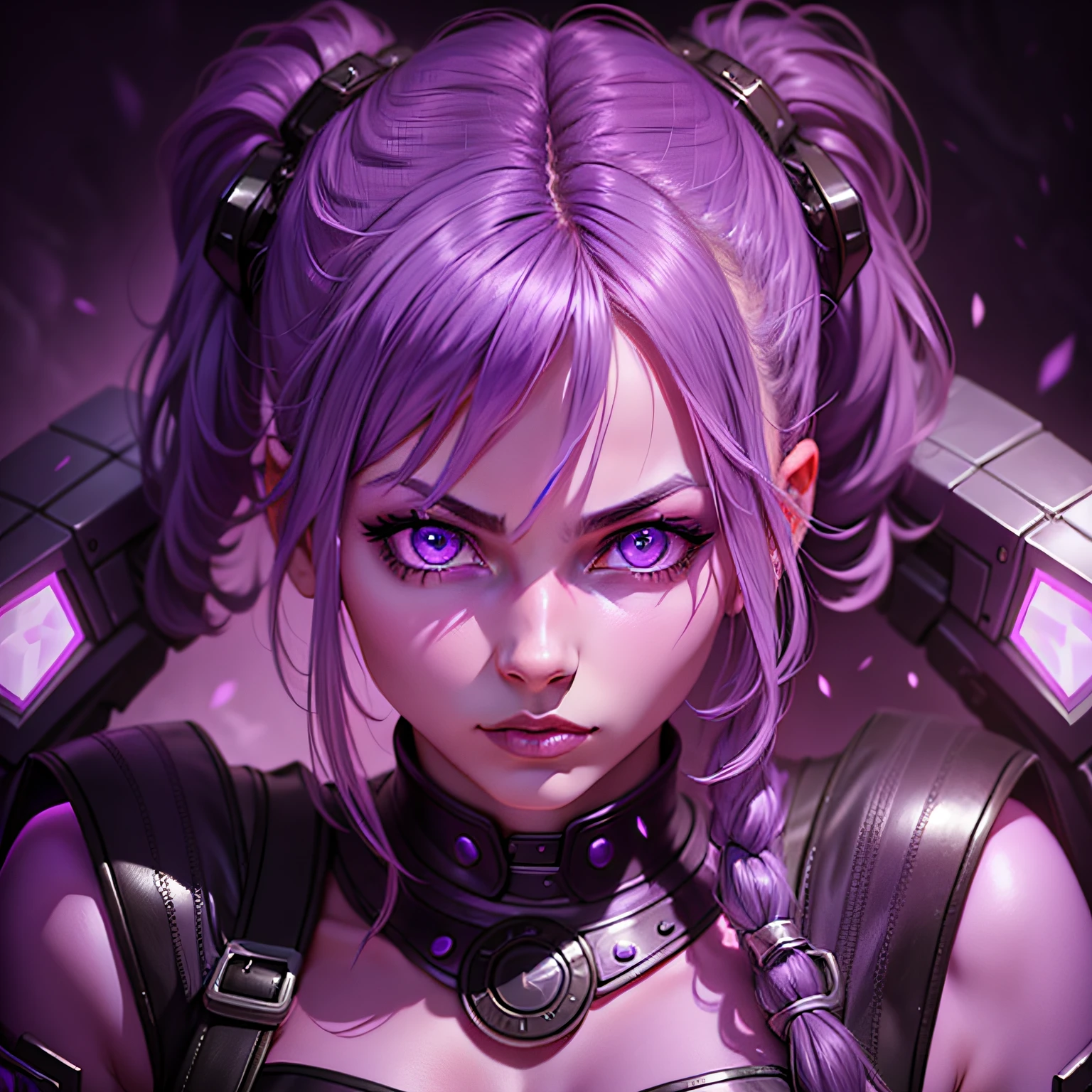 (purple lilac skin), realist, 1girl, a woman with lilac skin color, lilac, hair black, licac woman, black armour, 30 year old look, looking at viewer, woman with piercing gaze, purple eyes, glowing eyes, lilac skin color