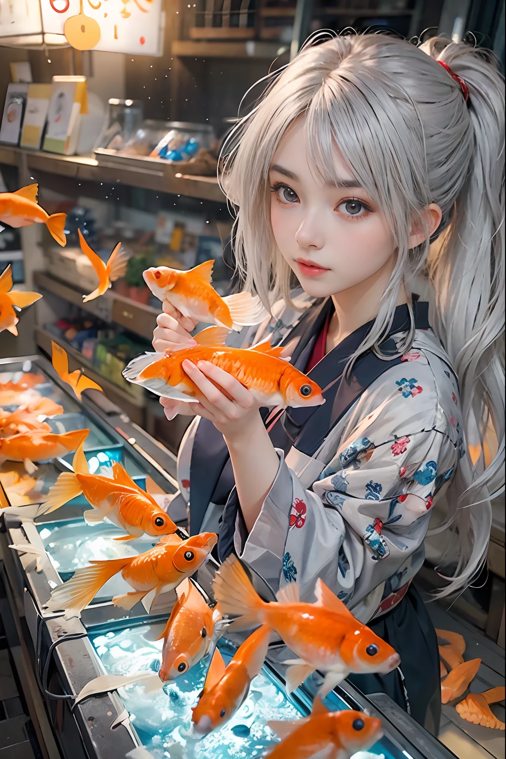beautiful girl is scooping goldfish,japanese Bon dance、Open air at night shop, silver hair, split ponytail, star-shaped pupils, Conceptual art, Art Nouveau, glowing light, UHD, textured skin, masterpiece, anatomically correct, best quality, 8k
