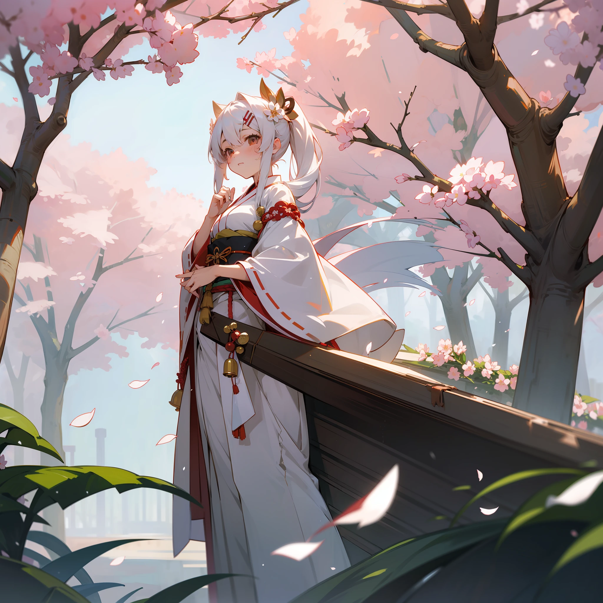 ((best qualtiy)), Beautiful portrait of a genki girl,Sweet girl,the cherry trees,exteriors,White hair,with brown eye,Japanese anime,White robe,Wear flower-shaped hairpins,There are flower-shaped ornaments around the waist,Face the Japanese,adolable,Anime figure,Bell in hand,detail-rich,Beth