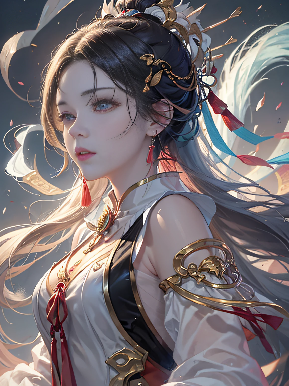 (tmasterpiece,top-quality,optimum,offcial art,Beautiful and aesthetic,Long exposure:1.2),Smooth movement,Charming Patterns, 1 rapariga,(Long skirt with sleeves:1.3),(((white clothes))),ChineseGirl,Blushlush,Black color hair, sportrait,Gaze the observer,detailedbackground,Detailed face,(crystallineAI, crystalline theme:1.1),Swirling wind,Control the wind,dynamicposes,particles floating,Ethereal power,whirly,vaporous,Whirlwind in the background,whirly,Ethereal atmosphere,Fantasyart,photoRealstic,动态照明,art stations,poster for,Volumetriclighting,Very detailed faces,4k wallpapers,one-girl,long and flowing hair, White clothes,Flowing clothes,gossamer, full bodyesbian,Raised sexy, Clear face,s the perfect face,Feminine face,dynamic viewing angle,cinmatic lighting, tmasterpiece, super detailing, Epic composition, hyper HD, high qulity, extremely detaile, offcial art,super detailing,