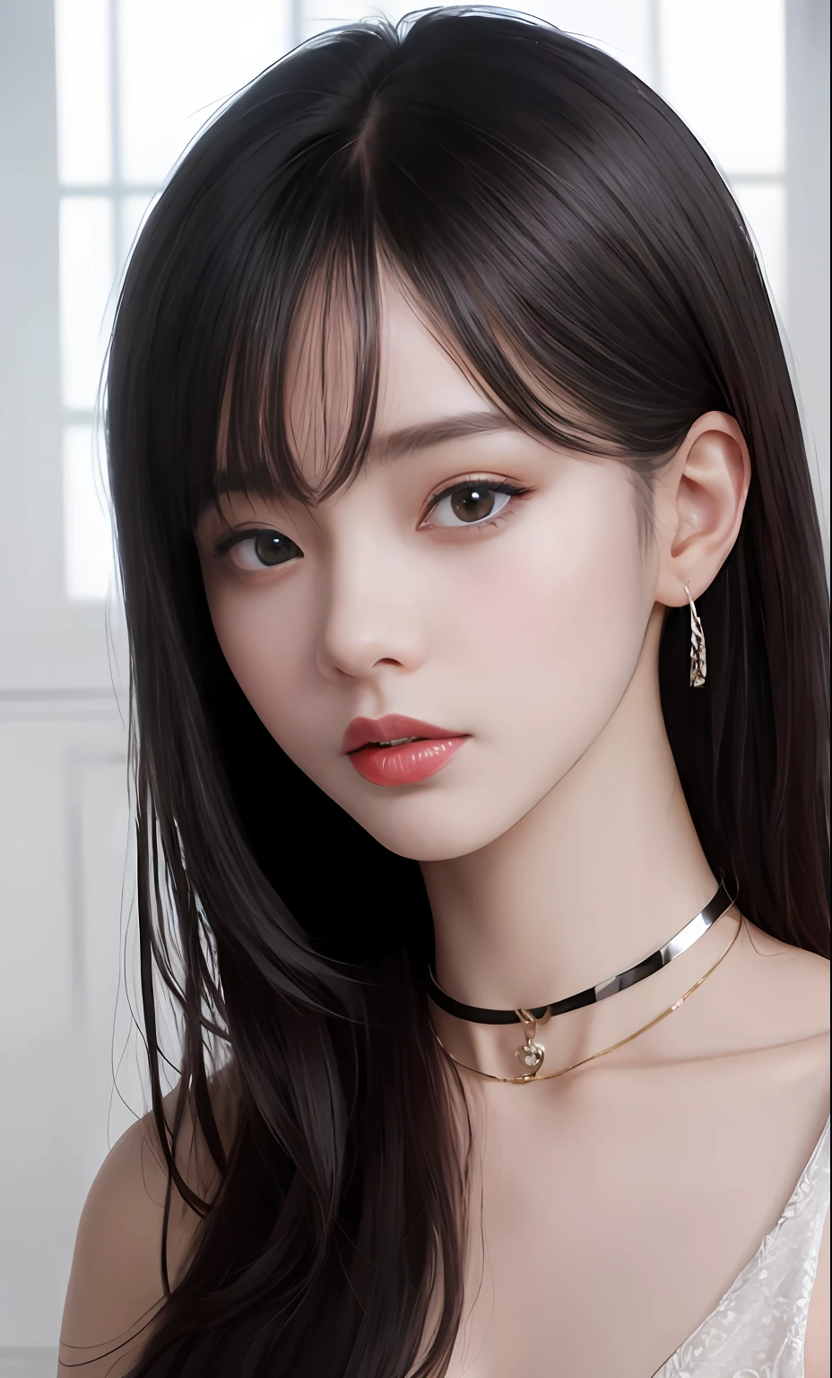 (8K, RAW photo, Photorealistic:1.25) ,( Gloss on lips, eyeslashes, gloss face, Glossy glossy skin, best qualtiy, 超高分辨率, depth of fields, color difference, Caustics, Wide light, naturalshadow, Kpop idol) Watch the audience with serenity and goddess-like happiness，Exquisite accessories，Simple clothing