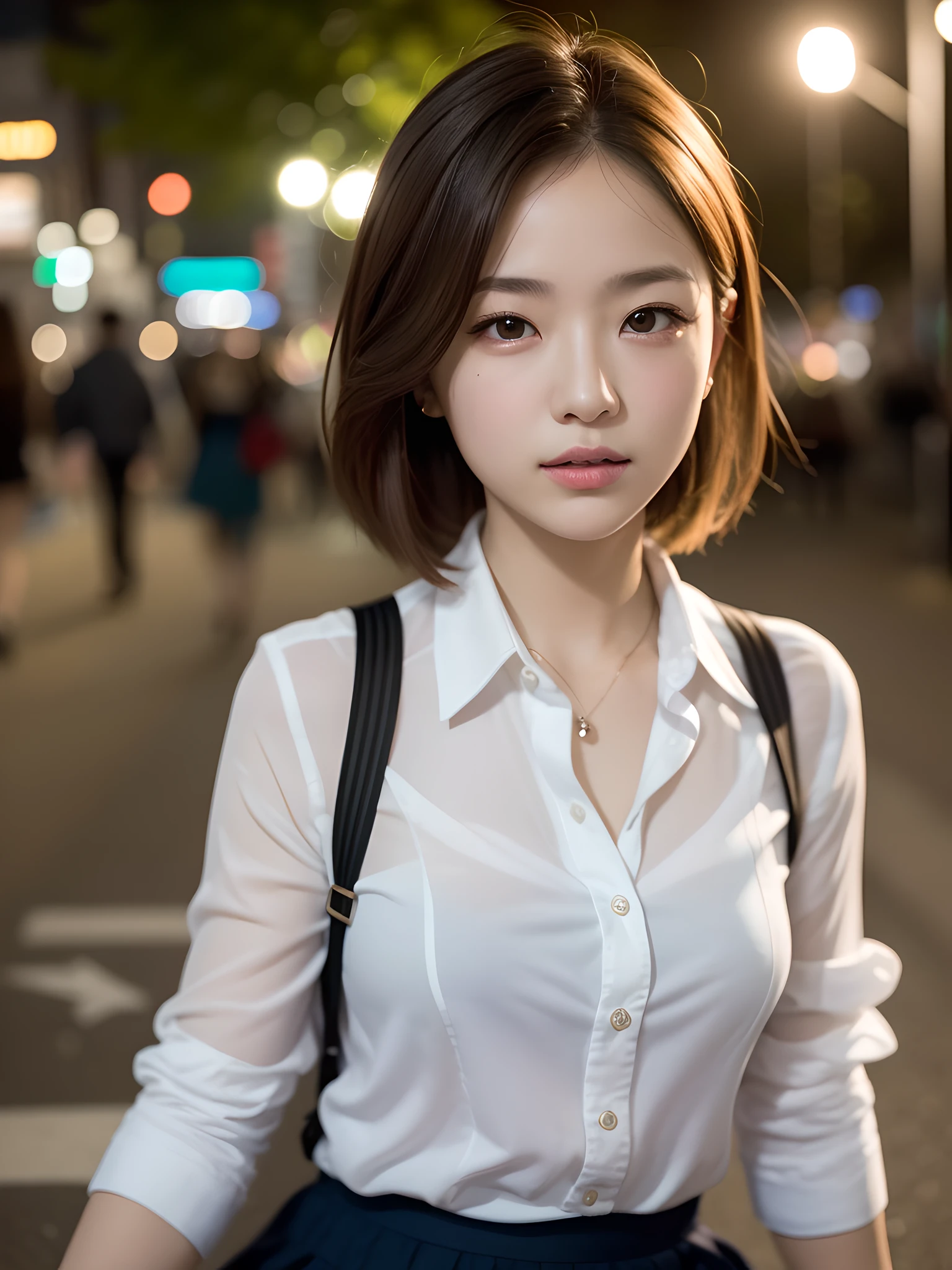 ((top quality, 8k, masterpiece: 1.3, raw photo)), Sharp Focus: 1.2, (1 aespa girl: 1.2), (Realistic, Photorealistic: 1.37), (face focus: 1.1), cute face, small breasts, flat chest, short messy hair, (long button white shirt: 1.1), she is rolling up her skirt, showing white panties, Beautiful Woman Sitting Under Street Lamp Light, cinematic lighting