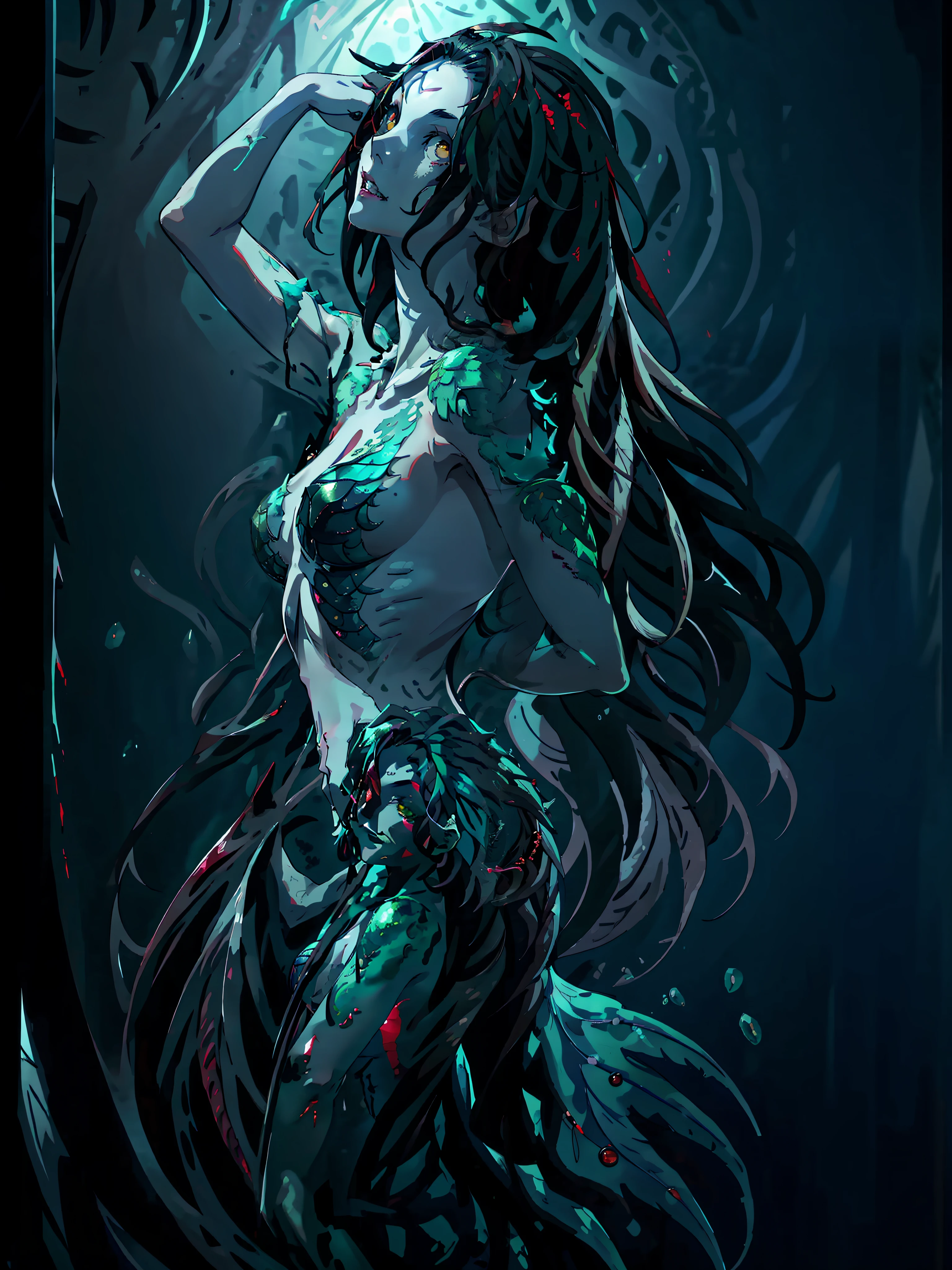(masterpiece, best quality:1.2),bloody and sexy, beautiful face,Gray-green skin,mermaid, highly detailed, {best quality}, {{depth of field}}, illustration, solo, sharp focus, {{character {1 girl, }}, (black straight hair:1.6),(hair is straight and loose), light smile, beautiful detailed eyes, sharp teeth, {looking at viewer}, {li},{masterpiece illustration},full body, normal angle,horror art, creepy, blood,beautiful form of chaos,ocean of blood, elegant, vivid colours, romanticism,an evil mermaid siren, bathing in a blood, maniacal laughter, atmospheric, death, decay, cool face, horror art, blood, colorful black,