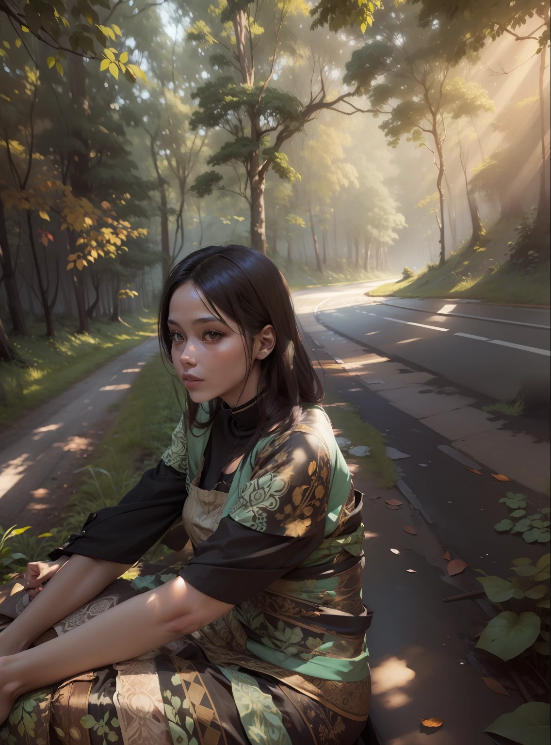 Lady with slim body , she is sitting beside the road in the forest