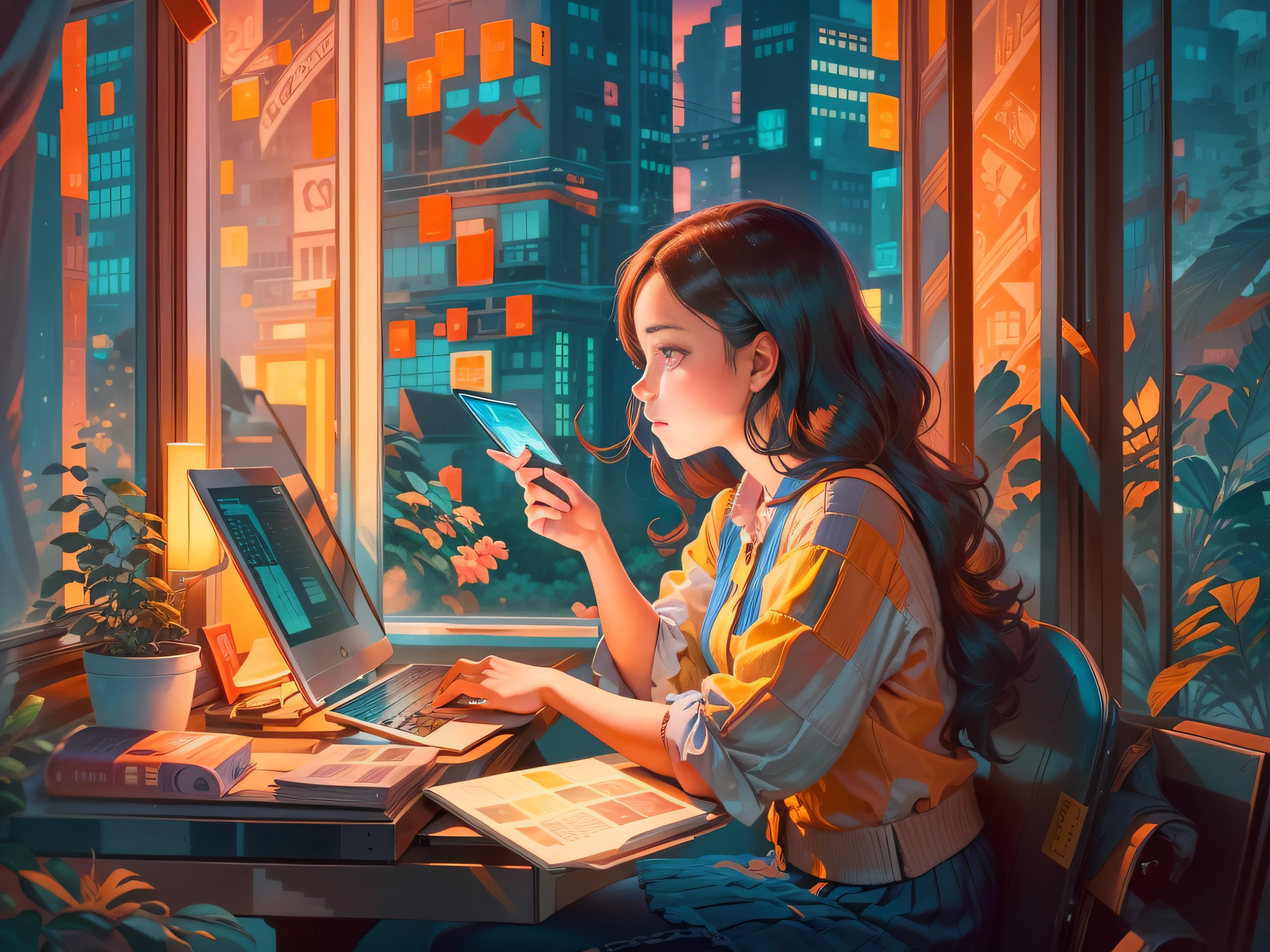 A girl is sitting and typing by the window, looking at the computer screen showing financial transactions, 2d style, art deco, masterpiece, bright color
