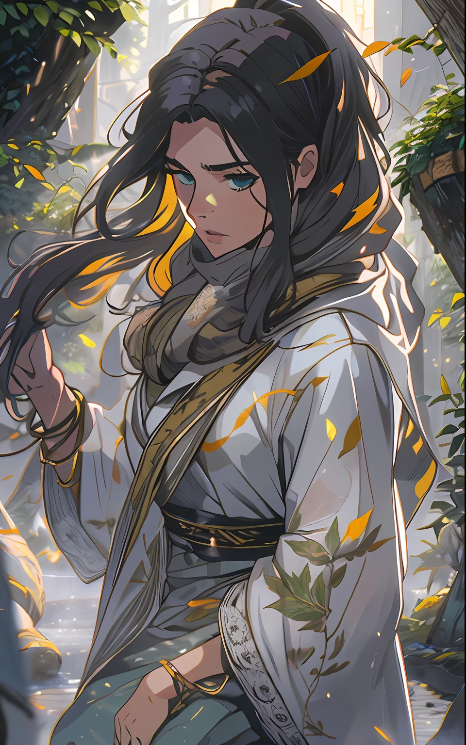 独奏. In the foreground: A girl of thirty years old sits on a throne, in a long cloak, long dark hair, looks at the stones hanging in the air, There is a bridge in the background, an intricate, Pattern, Realistic fantasy, 7K,A hyper-realistic, hyper-detailing, analog style, The wind whirls the leaves, The leaves are twisted into a spiral, The leaves fall off, , humble, An old cloak, detailed skin, Matte skin, soft-lighting, sub-surface Scattering, Realistic, Heavy shadow, Masterpiece, Best Quality, ultra realistis, 8K, the golden ratio, Intricate, high detail, Film photography, soft focus, Lonely girl in a raincoat with a hood on her head, An old scarf, wrapped around the head, Detailed appearance, Четкость 8 K, A huge loose rope weighs in front, In his hands, He's holding a huge rope, A whirlwind of leaves beneath your feet, BREAK , Illustrate a monochromatic world with the addition of green, Use only shades of black, White & gris, To convey depth, Emotions and striking visual impact. Landscapes."street fighter", in the style of 0MIB, many people, slums