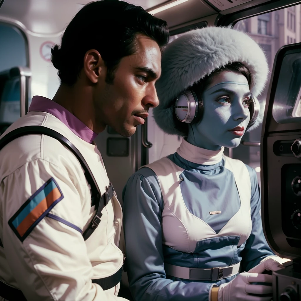 4k image from a 1960s science fiction film by Wes Anderson, Filme O Grande Hotel Budapeste, pastels colors, Young people wearing retrofuturistic alien masks and holding colorful suitcases and chests on the bus, Retro-futuristic fashion clothes from the 60s with old robots, Luz Natural, Psicodelia, futurista estranho, retro-futurista, photo-realistic, Sharp background details.