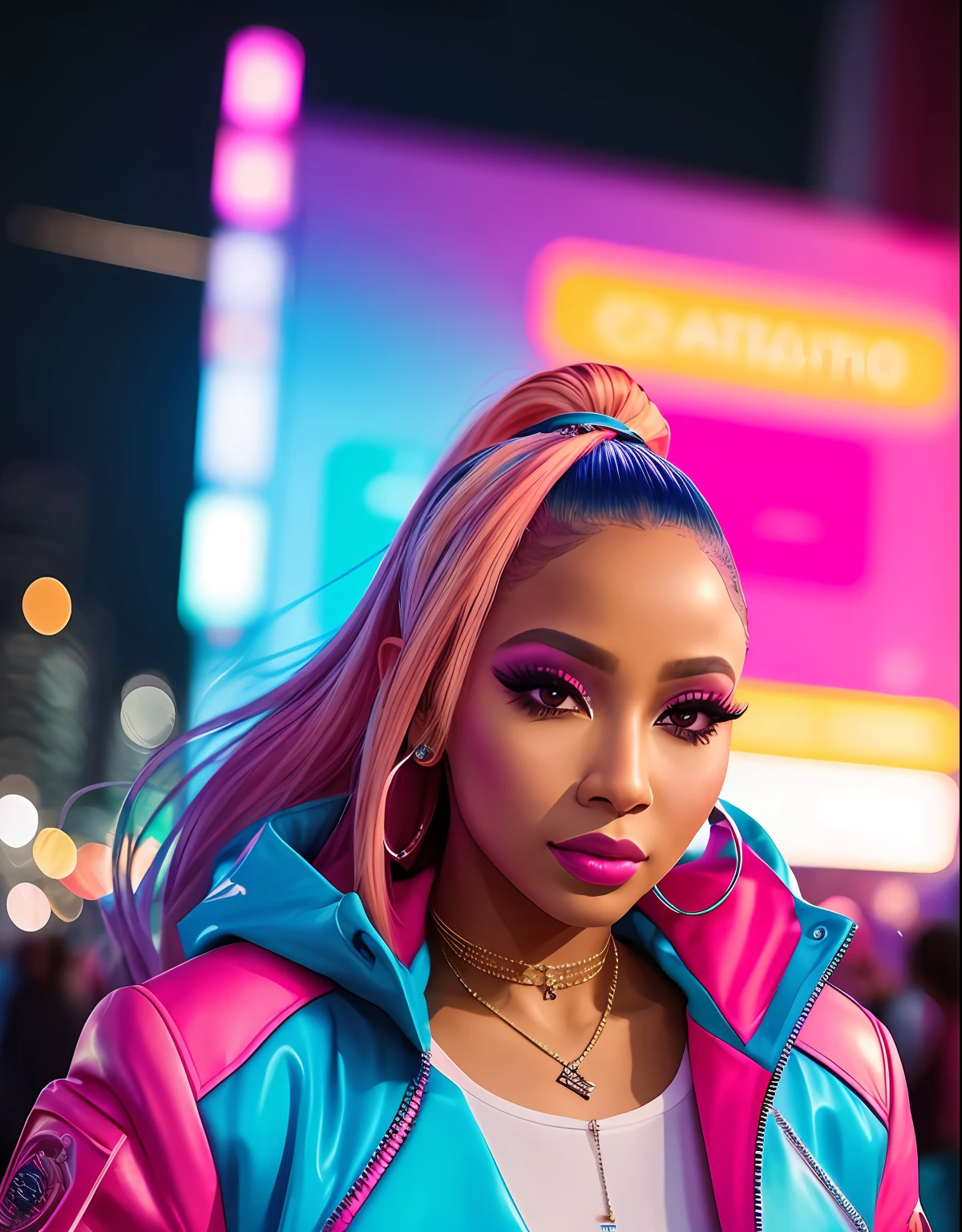 Close-up, foto crua de Nick Minaj, Cidade Cyberpunk movimentada com placas de neon, altamente detalhada, arts station, liso, foco nítido, 8k, trending in instagram, Trending on Tumblr, HDR 4K, 8k