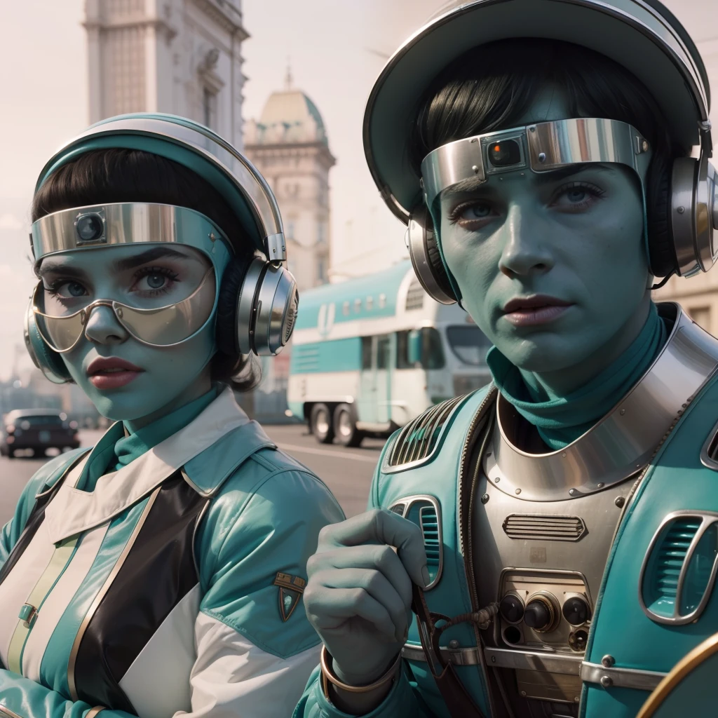 4k image from a 1960s science fiction film by Wes Anderson, Filme O Grande Hotel Budapeste, pastels colors, Young people wearing retrofuturistic alien masks and holding colorful suitcases and chests on the bus, Retro-futuristic fashion clothes from the 60s with old robots, Luz Natural, Psicodelia, futurista estranho, retro-futurista, photo-realistic, Sharp background details.