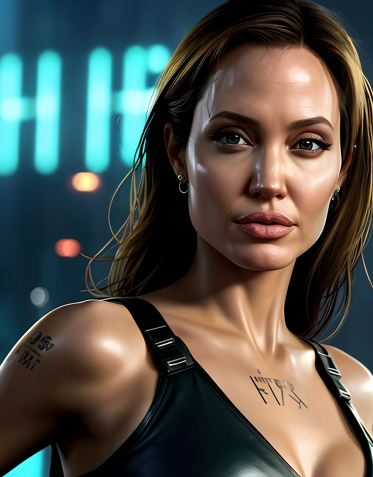Close-up, foto crua de Lara Croft (Angelina Jolie), batom, Cidade Cyberpunk movimentada com placas de neon, altamente detalhada, arts station, liso, foco nítido, 8k, trending in instagram, Trending on Tumblr, HDR 4K, 8k