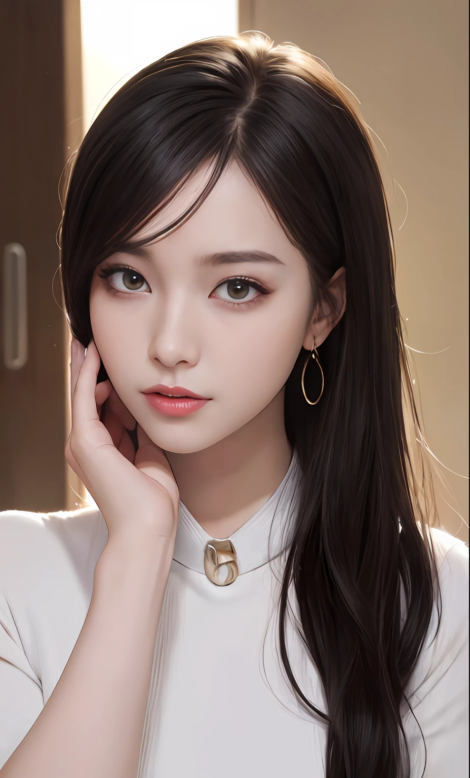 (8K, RAW photo, Photorealistic:1.25) ,( Gloss on lips, eyeslashes, gloss face, Glossy glossy skin, best qualtiy, 超高分辨率, depth of fields, color difference, Caustics, Wide light, naturalshadow, Kpop idol) Watch the audience with serenity and goddess-like happiness,Exquisite accessories,Simple clothing