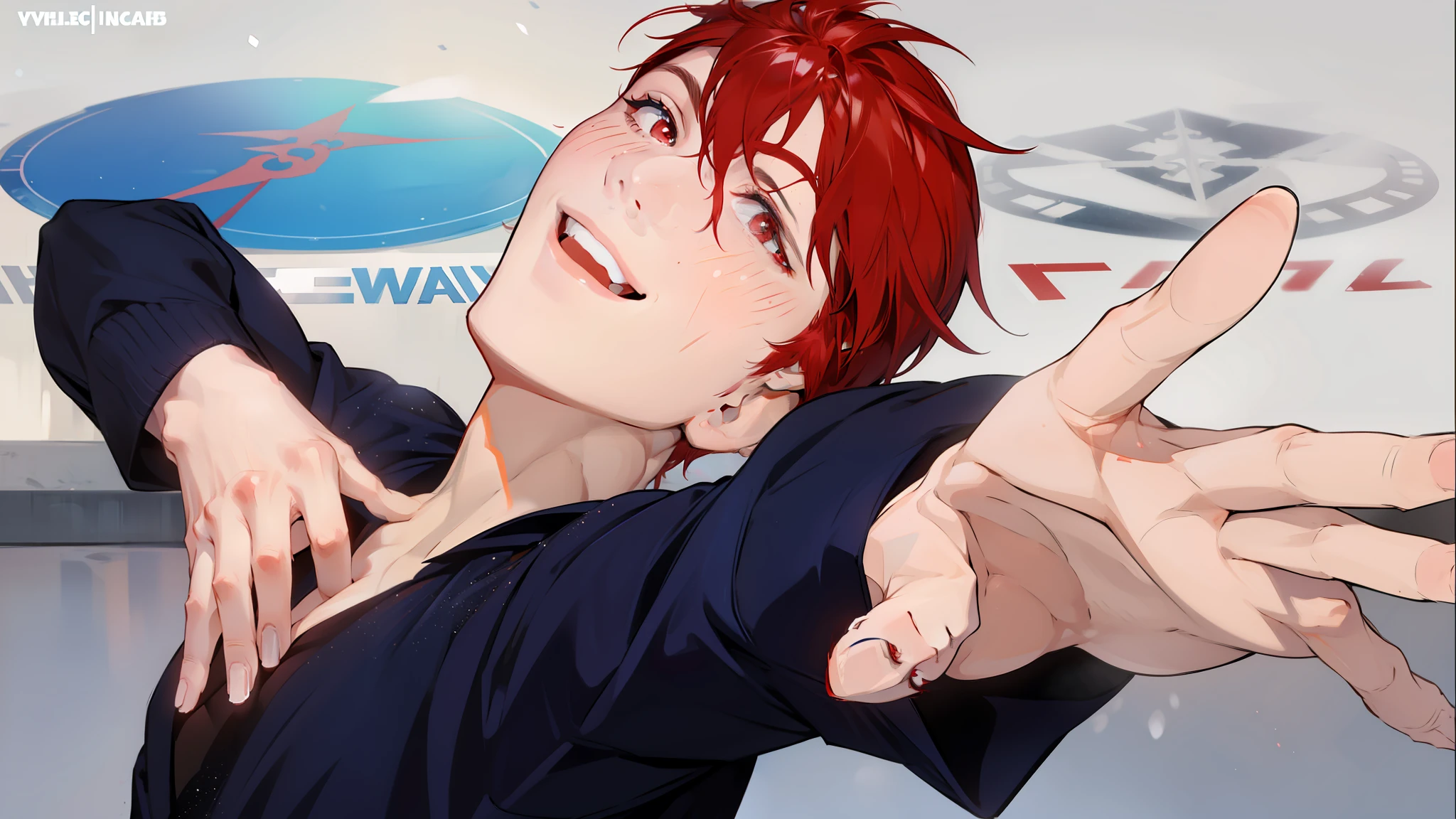 Handsome man, red hair. Red eyes, smiling, smiling, stiff on the rink, posing beautifully, behind the rink, glittering dress, sweating a little, happy, shining, reaching out your hand, posing beautifully.
