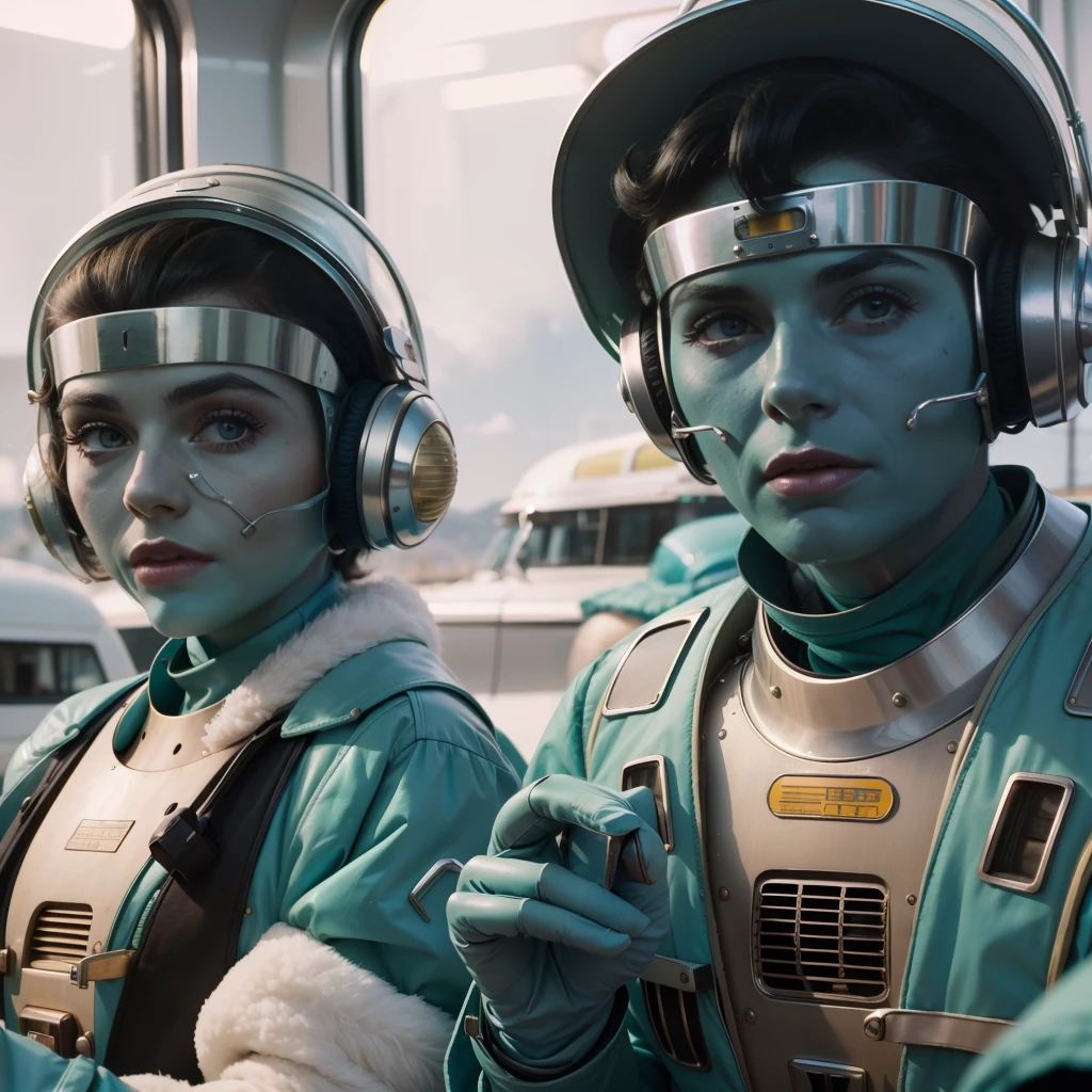 4k image from a 1960s science fiction film by Wes Anderson, Filme O Grande Hotel Budapeste, pastels colors, Young people wearing retrofuturistic alien masks and holding colorful suitcases and chests on the bus, Retro-futuristic fashion clothes from the 60s with old robots, Luz Natural, Psicodelia, futurista estranho, retro-futurista, photo-realistic, Sharp background details.