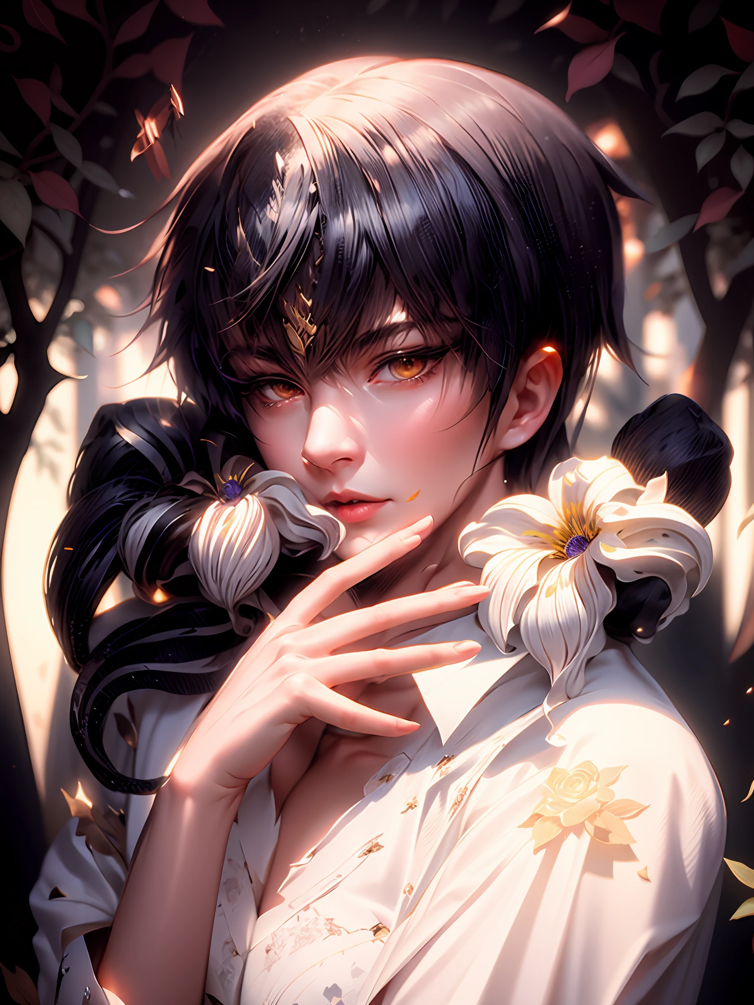 anime drawing of a woman with a flower in her hand, red irises and a slim face, handsome japanese demon boy, inspired by Okumura Masanobu, eren yeager, inspired by Bian Shoumin, soft anime illustration, zerochan art, inspired by Itō Ogura Yonesuke, by Ni Zan, by Kamagurka,, beautiful line art, detailed manga style, extremely fine ink lineart,exquisite line art, perfect lineart,exquisite line art, exquisite digital illustration, detailed digital drawing,digital anime illustration, a beautiful artwork illustration, detailed matte fantasy portrait, beautiful line art, great digital art with details, goddess. extremely high detail, 4k detailed digital art, stunning digital illustration, digital fantasy illustration,((Best quality)), ((masterpiece)), (detailed:1.4), 3D, an image of a beautiful female,HDR (High Dynamic Range),Ray Tracing,NVIDIA RTX,Super-Resolution,Unreal 5,Subsurface scattering,PBR Texturing,Post-processing,Anisotropic Filtering,Depth-of-field,Maximum clarity and sharpness,Multi-layered textures,Albedo and Specular maps,Surface shading,Accurate simulation of light-material interaction,Perfect proportions,Octane Render, Two-tone lighting,Wide aperture,Low ISO,White balance,Rule of thirds,8K RAW,subsurface scattering, best ratio of four fingers and one thumb