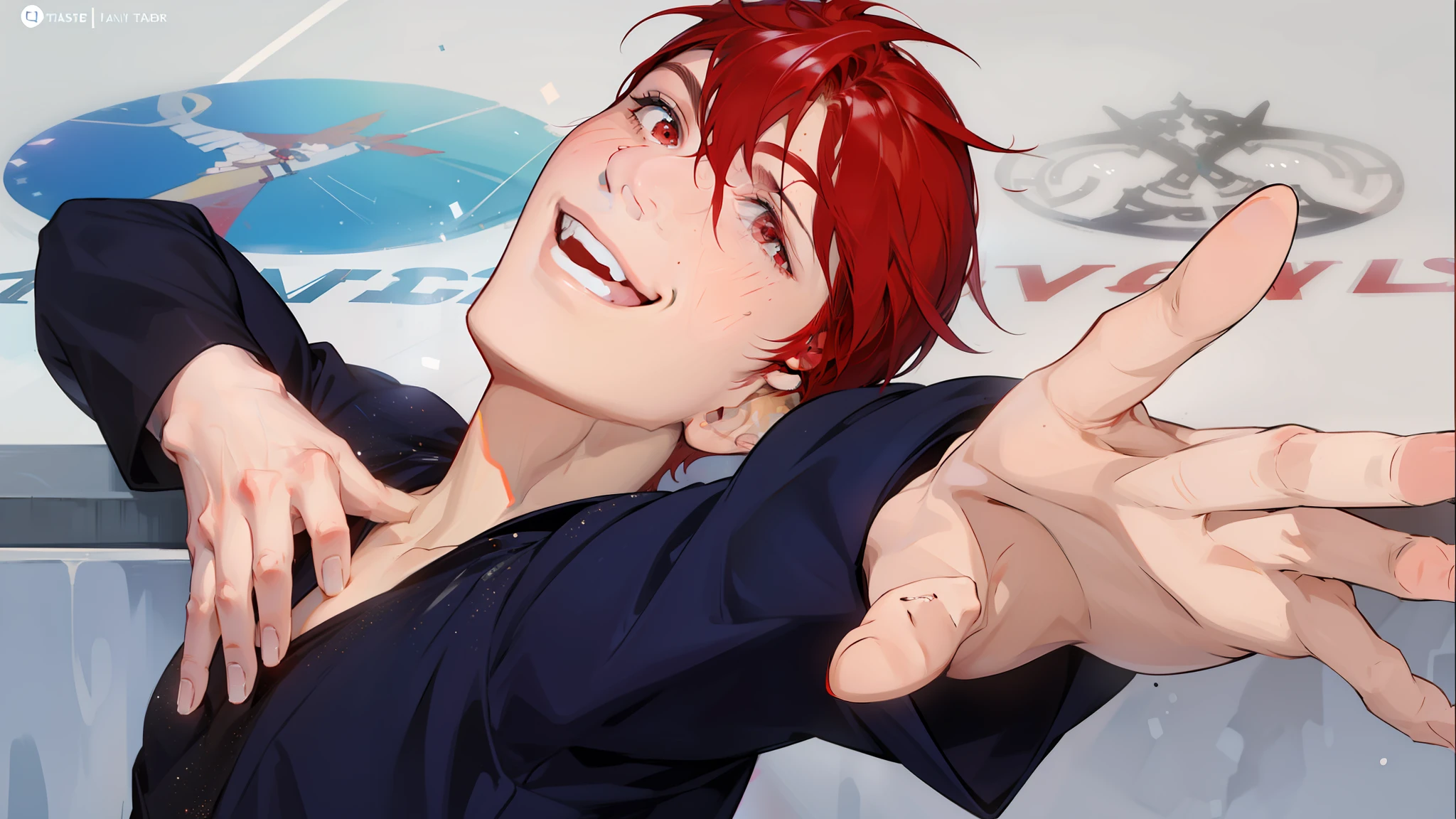 Handsome man, red hair. Red eyes, smiling, smiling, stiff on the rink, posing beautifully, behind the rink, glittering dress, sweating a little, happy, shining, reaching out your hand, posing beautifully.