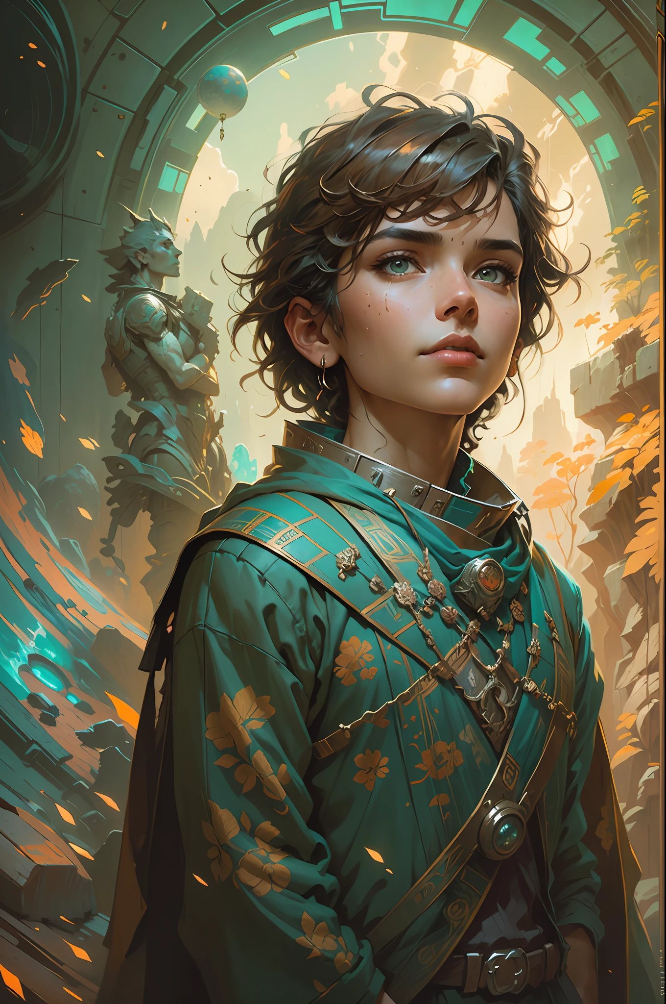 Portrait of a young handsome boy standing on a marvelous stone, standing gitl:1.2, (Low contrast ), colorfantasystyle, Oil painting on matte canvas, sharp detailed, the expanse scifi spacescape ceres colony, Intricate, Highly detailed, Digital painting, plethora of colors, smooth, Sharp focus, illustration, Unreal Engine 5, 8K, art by artgerm and greg rutkowski and alphonse mucha , art by midjourney