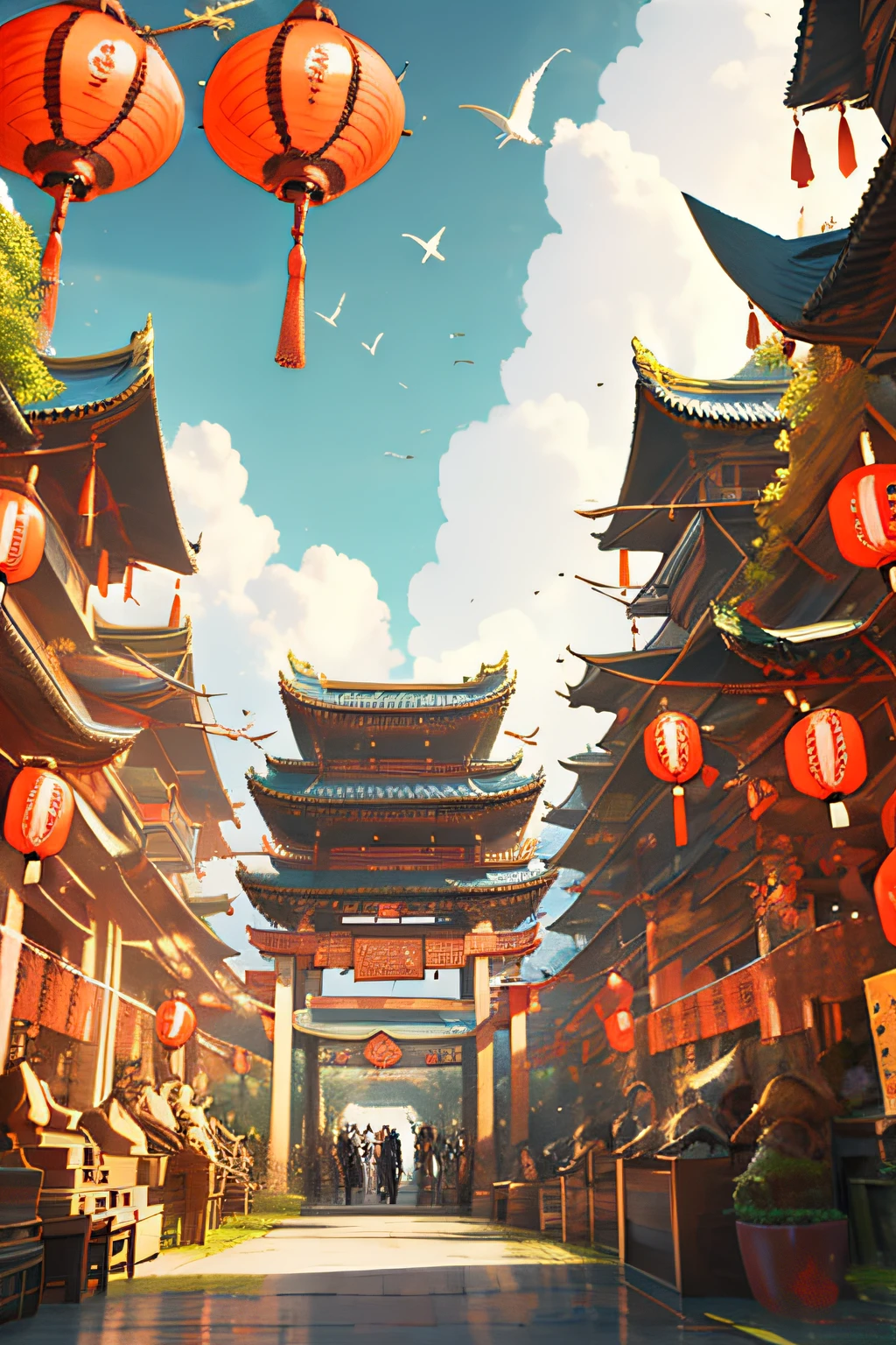 architecture, east asian architecture, scenery, lantern, pagoda, outdoors, sky, paper lantern, cloud, bird, building, tree, standing, mountain, bridge, holding, multiple girls, 6+boys, day, masterpiece, best quality,