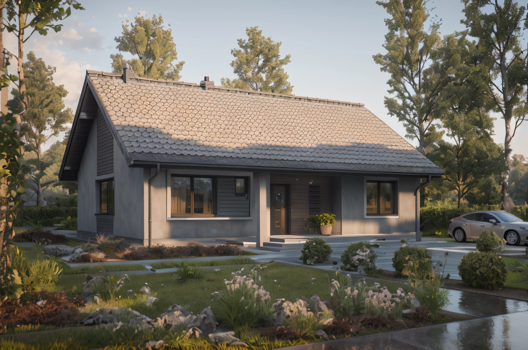a rendering of a small house, with wall, grey roof tiles, with a patio and a fire pit, rendering, high quality rendering, vanara, inspired by Edo Murtić, very symmetrical, wide establishing shot, artistic render, photo taken from far away, render, bogna gawrońska, wide frontal view, beautifully symmetrical, close view, sleek utopian design, beautiful rendering, Vray 16k pixcels, ultradetailed, octane render, Raytracing, real grass, real plants, real trees, unreal engine, sunrise HDRi, Real sky