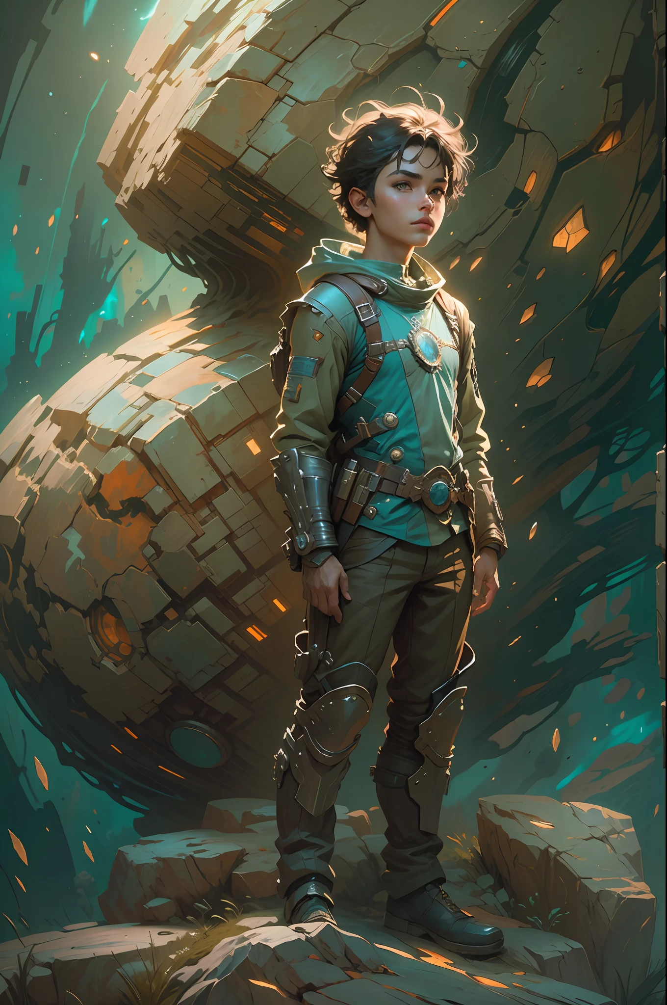 Portrait of a young handsome boy standing on a marvelous stone, standing gitl:1.2, (Low contrast ), colorfantasystyle, Oil painting on matte canvas, sharp detailed, the expanse scifi spacescape ceres colony, Intricate, Highly detailed, Digital painting, plethora of colors, smooth, Sharp focus, illustration, Unreal Engine 5, 8K, art by artgerm and greg rutkowski and alphonse mucha , art by midjourney