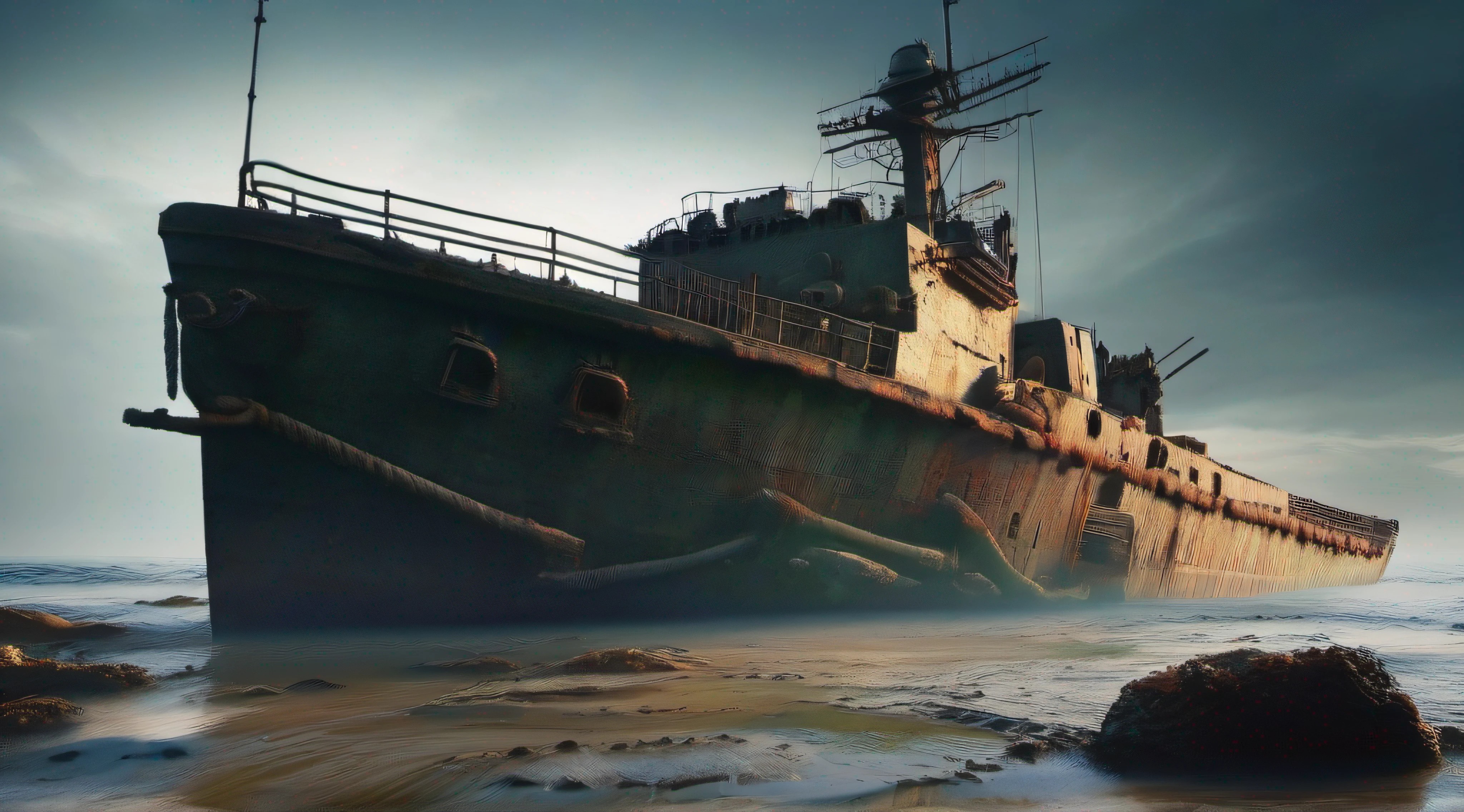 warship,shipwreck,sea bottom,RAW,urban,8k,realistic image