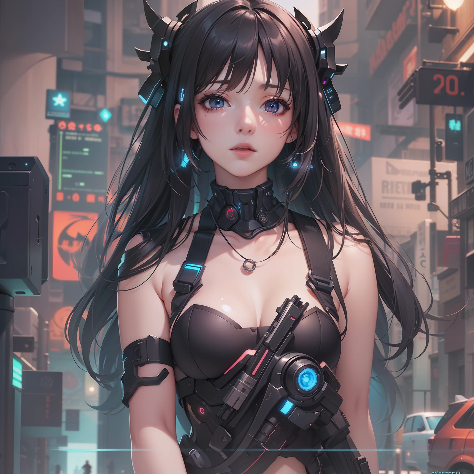 (((masterpiece)))、(((top-quality)))、((ultra-definition))、(High Definition CG Illustration)、((extremely delicate and beautiful))、(from side)、Cinematic light、cyberpunked、2080s、animesque、girl with、trending on artstationh、Rachel Walker、