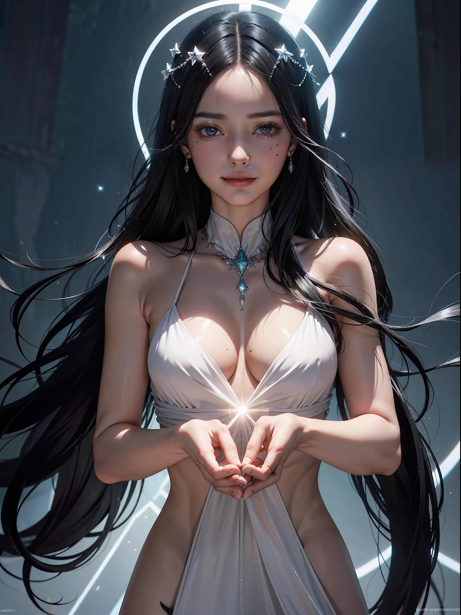 Black hair, crystal hair, hair splayed out, Smile, Mole under the eyes, Best Beauties, Art deco, Anime, romanticism, Realism, Cinematic lighting, depth of fields, reflective light, One-person viewpoint, Lens Flare, nffsw, Anatomically correct, Textured skin, high details, 4K