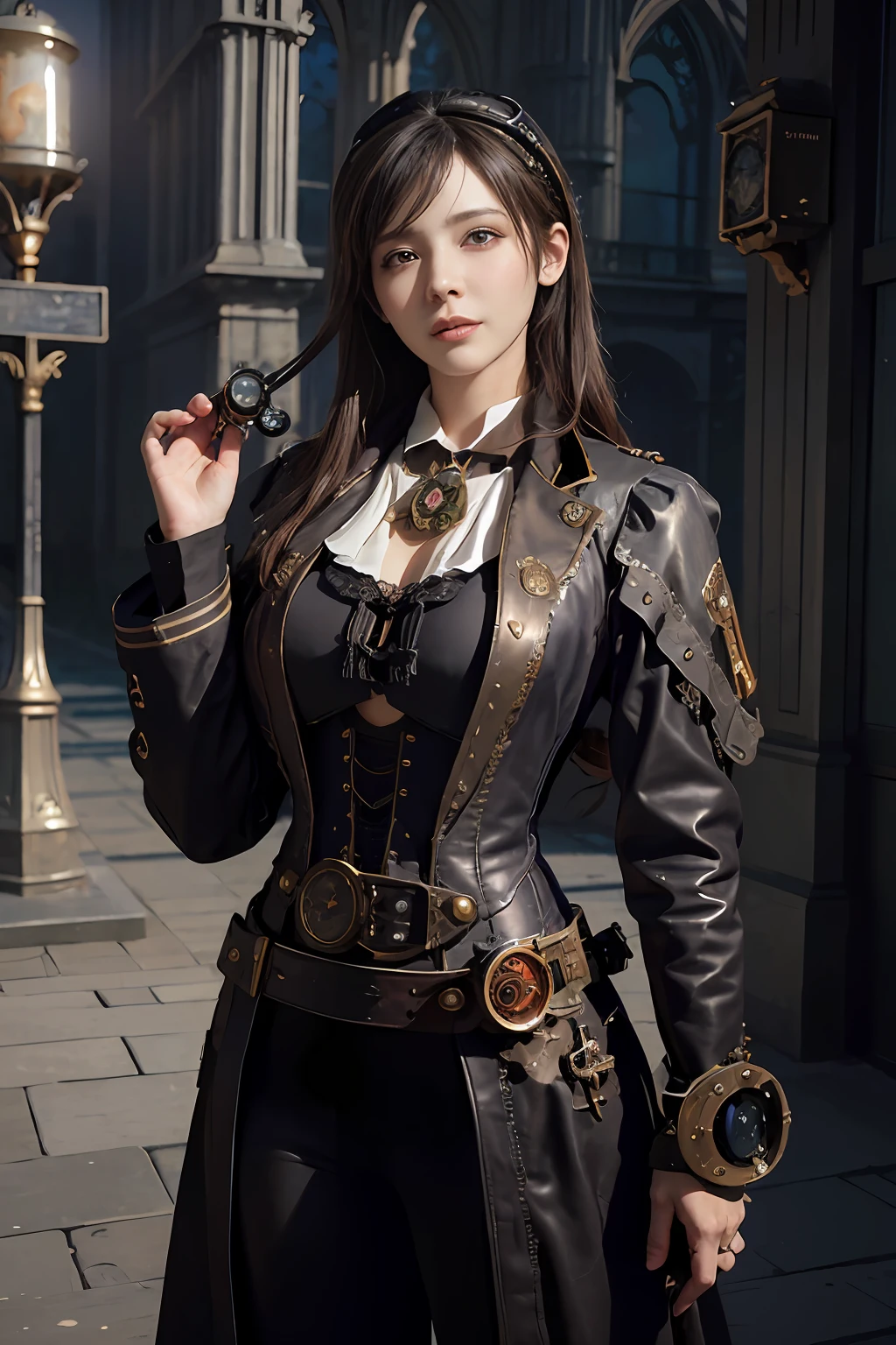 Hyperrealist portrait of female by david hockney and alphonse mucha,fantasy art, photo realistic, dynamic lighting, artstation, poster, volumetric lighting, very detailed faces, 4 k, award winning, 1girl, gothic cathedral n background, deep shadow,(steampunk clothing:1.4) ,long hair,white hair,