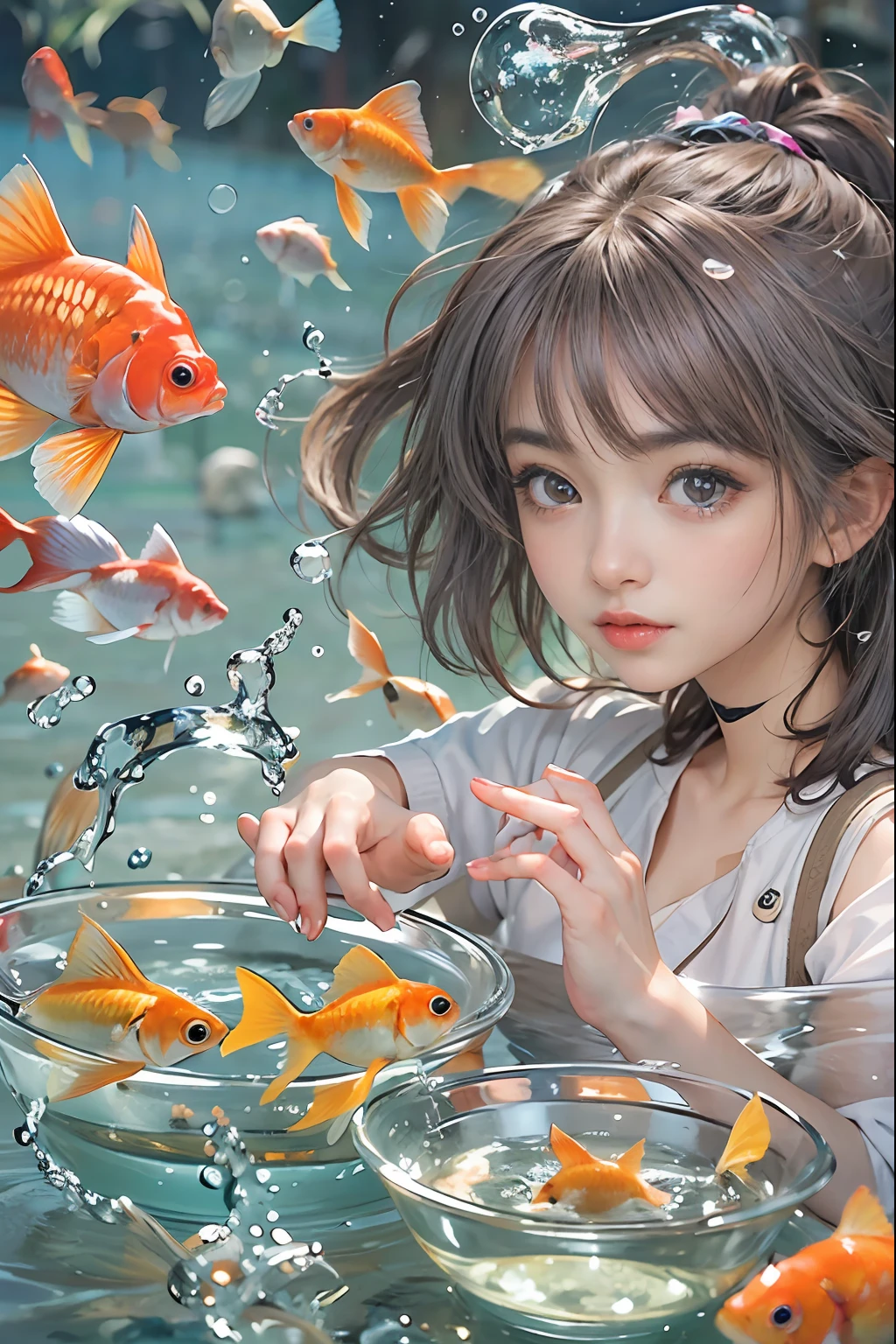 beautiful girl playing with bowls of water or fish, kids, having a good time, Fish, swirling schools of silver fish, Floating goldfish, Graphic illustration, see fishes swimming, Two hands reaching for the fish, goldfish, amazing depth, Cutest, curious, beautiful Girl、Goldfish scooping, Bon dance、Open air at night shop, silver hair, split ponytail, star-shaped pupils, Conceptual art, Art Nouveau, glowing light, UHD, textured skin, masterpiece, anatomically correct, best quality, 8k