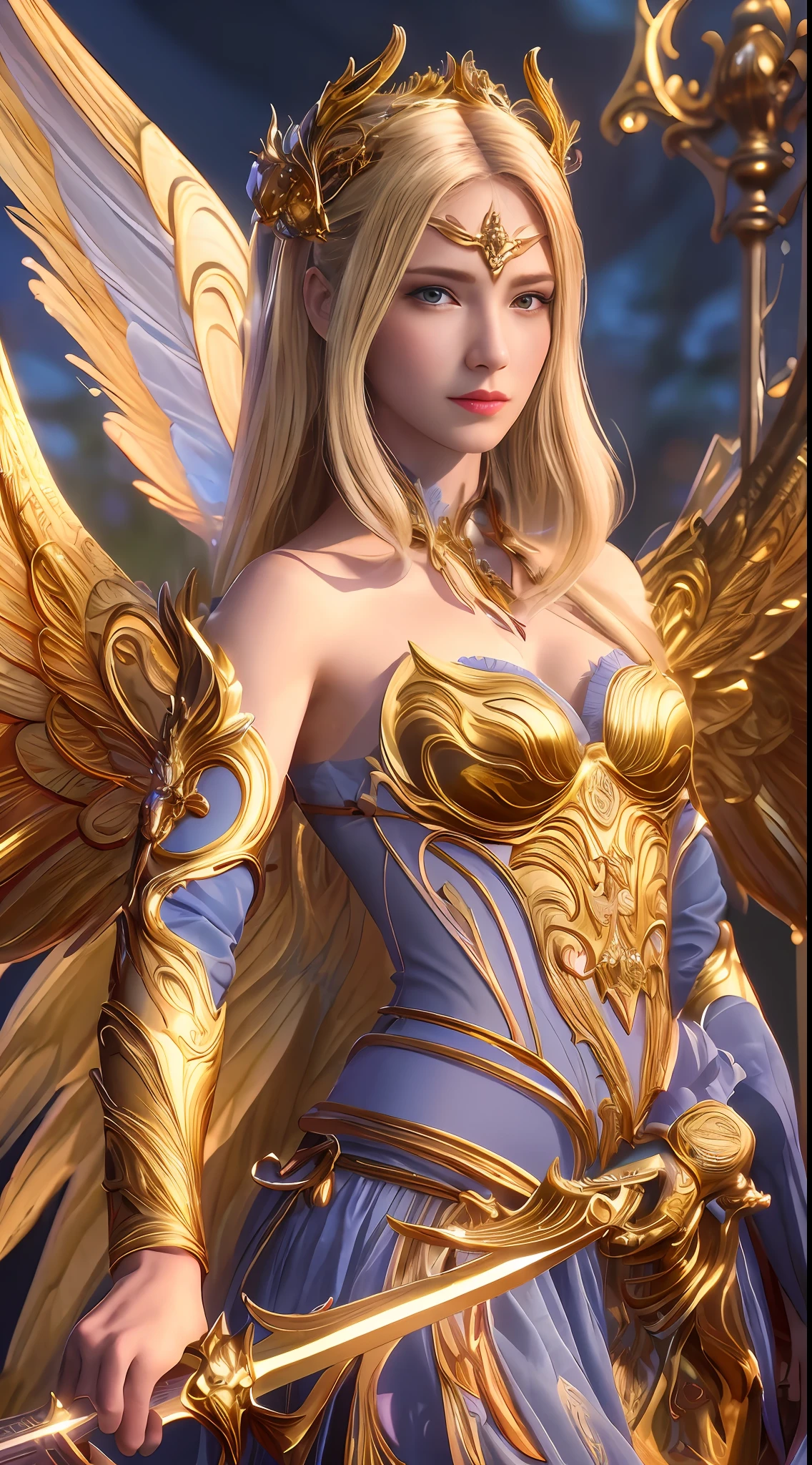 ((masterpiece, best quality;1.3)), ultra detailed, colorful, extremely detailed and beautiful background,1girl, solo, highly detailed beautiful face, beautiful face, angelic, golden colored detailed angel costume,  wings angel, feathers, fantasy landscape,epic,sword, holding sword, undefined,qianrenxue,