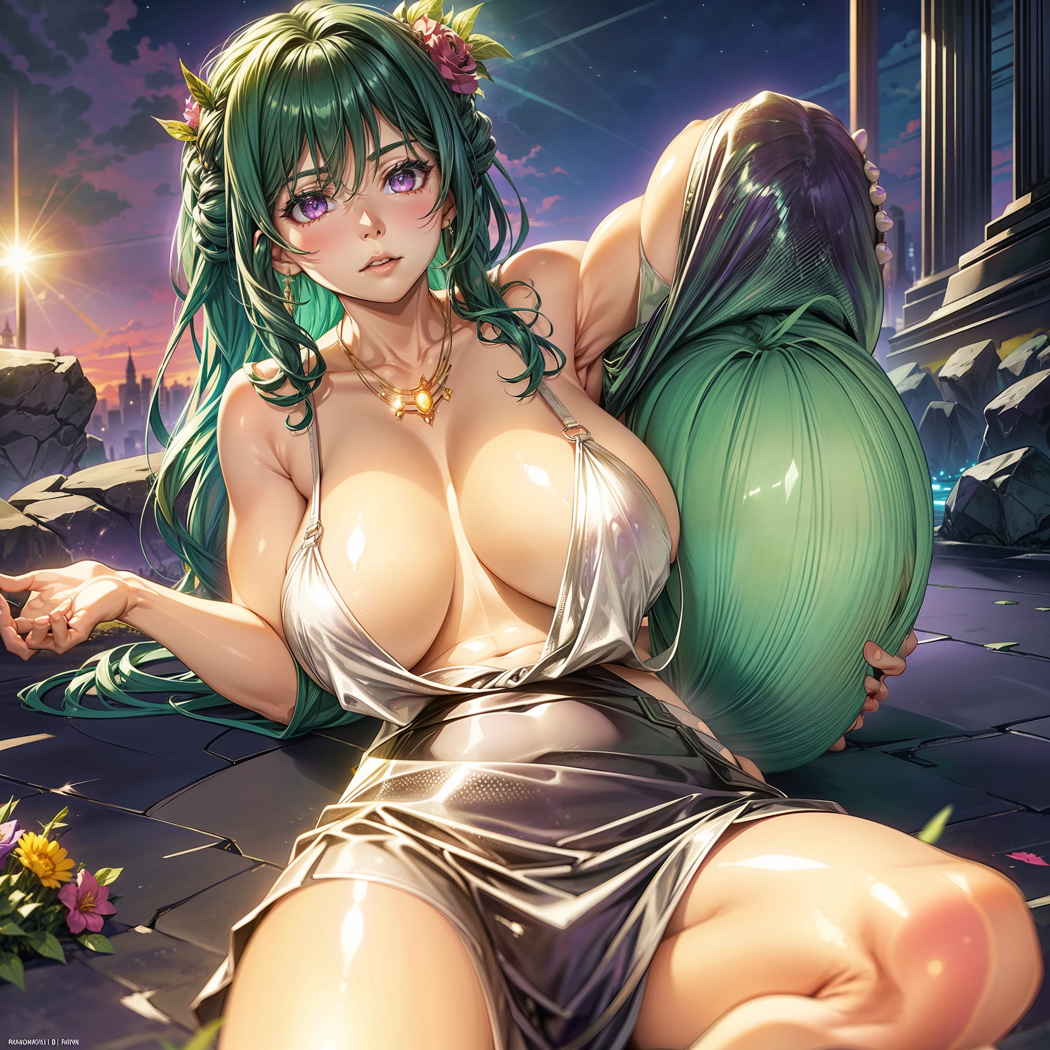 realisticlying，1 girl lying on the road，Green hair，Purple eye，glowing light eyes，Cut the top，a skirt，parted lip，Be red in the face，the night，fresh flowers，suns，rays of sunshine，Huge breasts，Beautiful and moving，