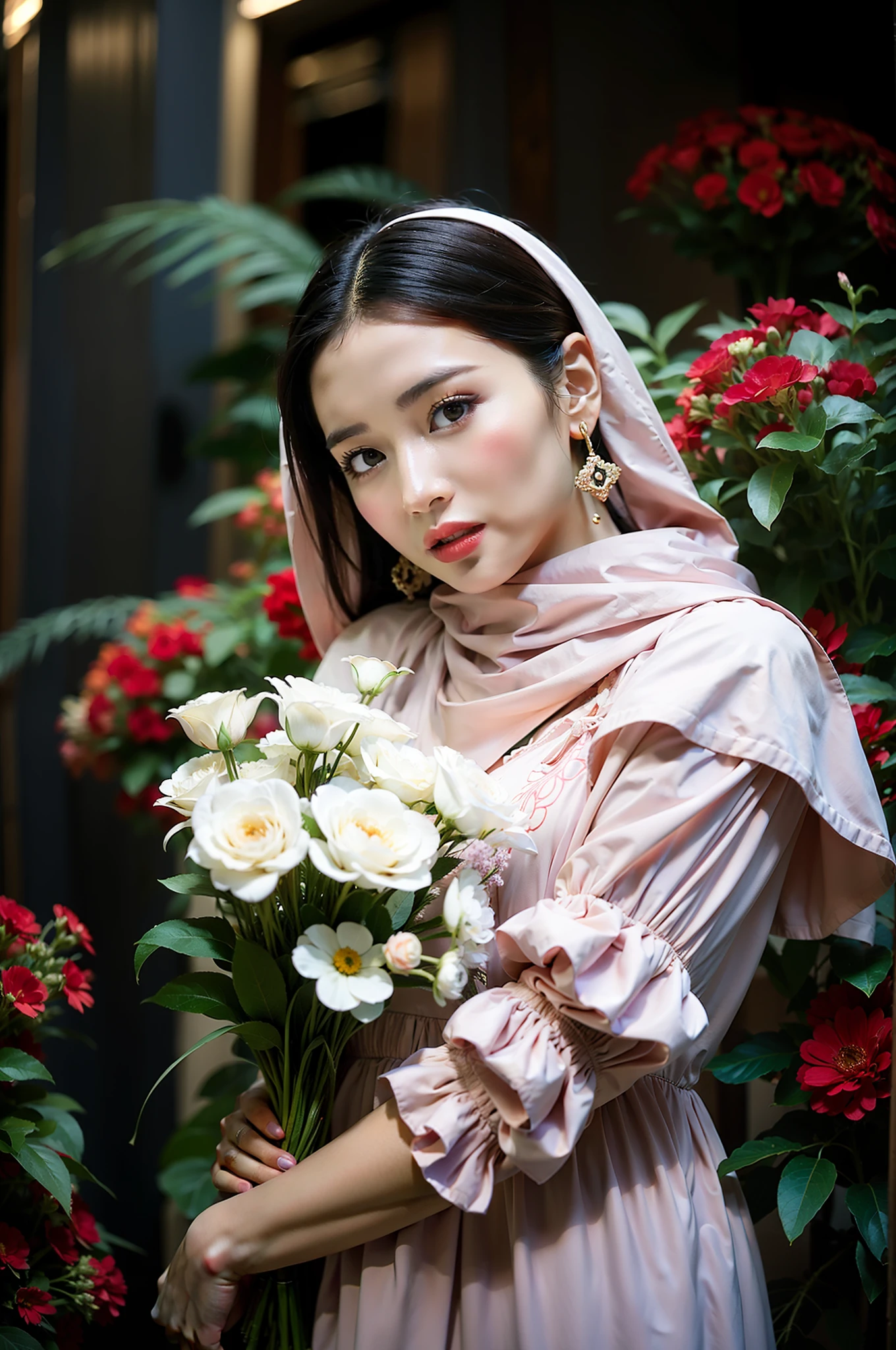 a woman in a red dress holding a bouquet of flowers, a character portrait by Sohrab Sepehri, featured on cg society, qajar art, photo taken with nikon d750, studio portrait, studio photography