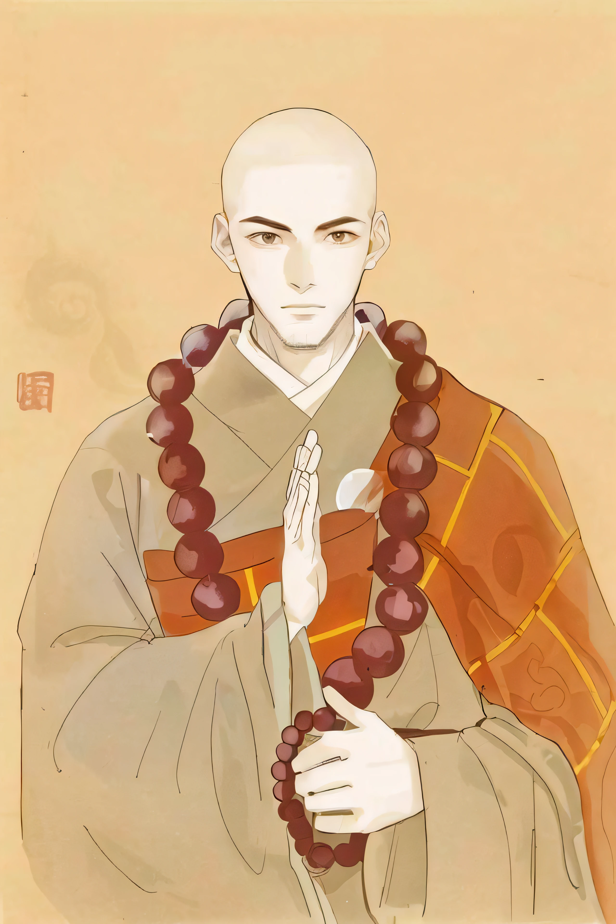 The image of Aalfid of a man with a rosary around his neck, inspired by Zhao Mengfu, concept art of a monk, ancient japanese monk, avatar aang, Taoist, inspired by Kaigetsudō Anchi, inspired by Tōshūsai Sharaku, aang, Daoism, 2 1 st century monk,photograph taken in 2 0 2 0, 4096,Copper-colored face,Copper-colored facial skin,Copper-colored facial fullness, peaceful expression,Clear lines,High- sharpness,Realphotos,8K quality,hyper HD